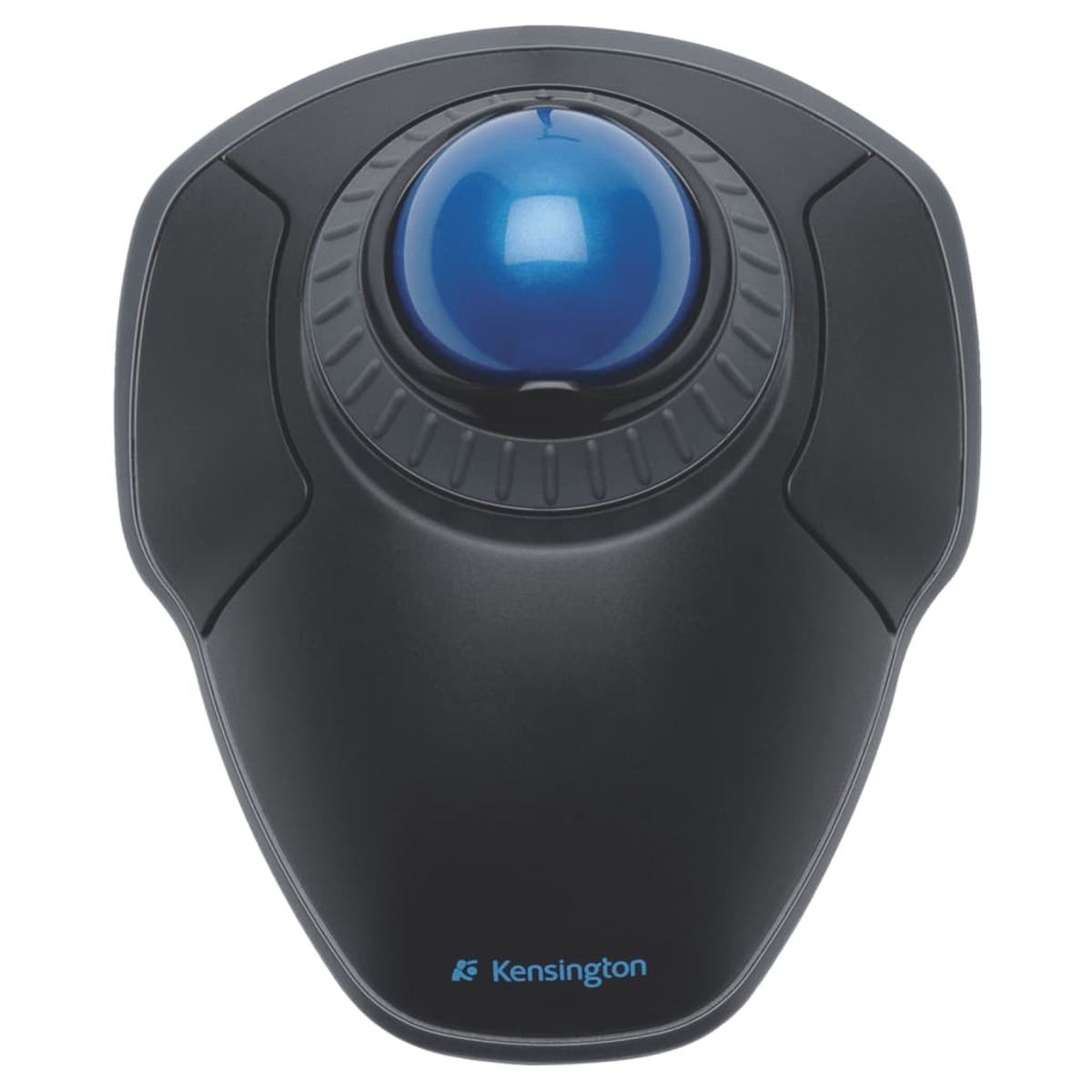 Black trackball mouse with a blue ball. The brand name 'Kensington' is written at the bottom.