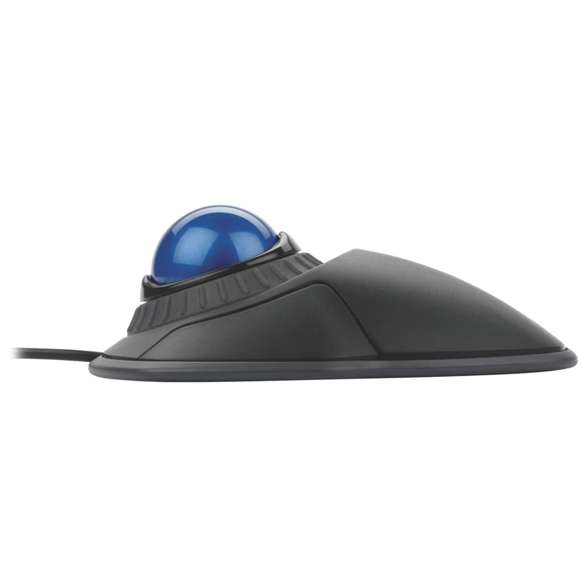 Black trackball mouse with a blue ball. The mouse has a sleek, ergonomic design, with a black body.