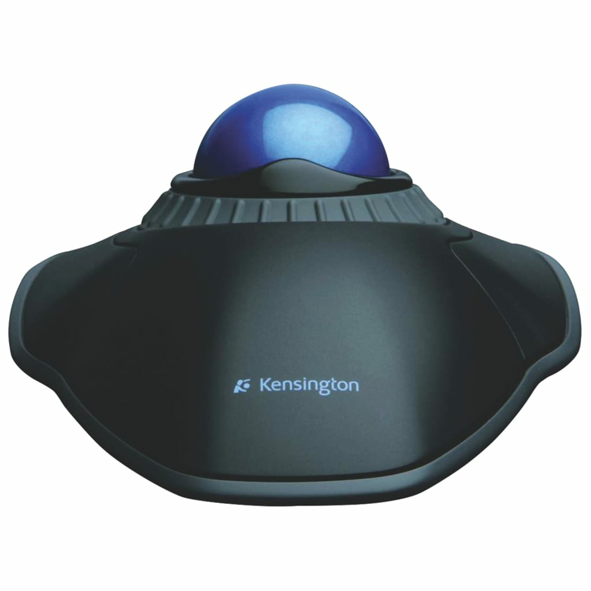 Black trackball mouse with blue ball. White background.