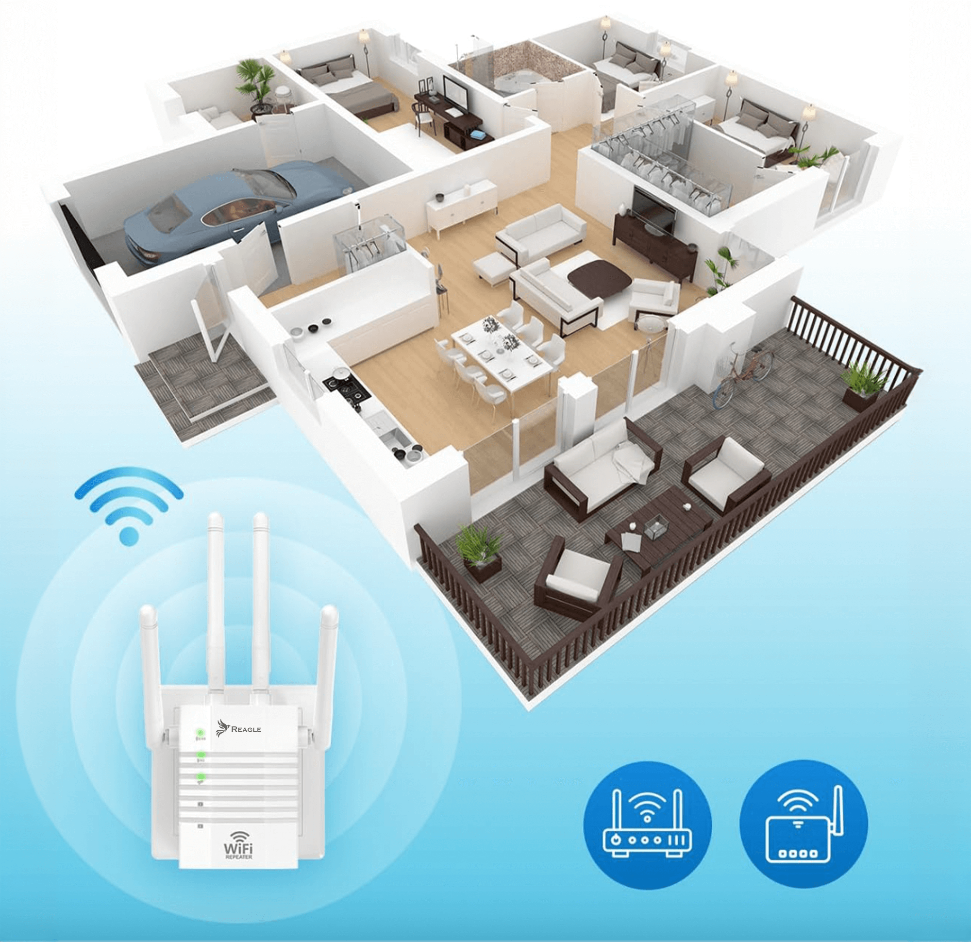Renderowanie 3D domu z routerem Wi-Fi i ikoną sygnału Wi-Fi.