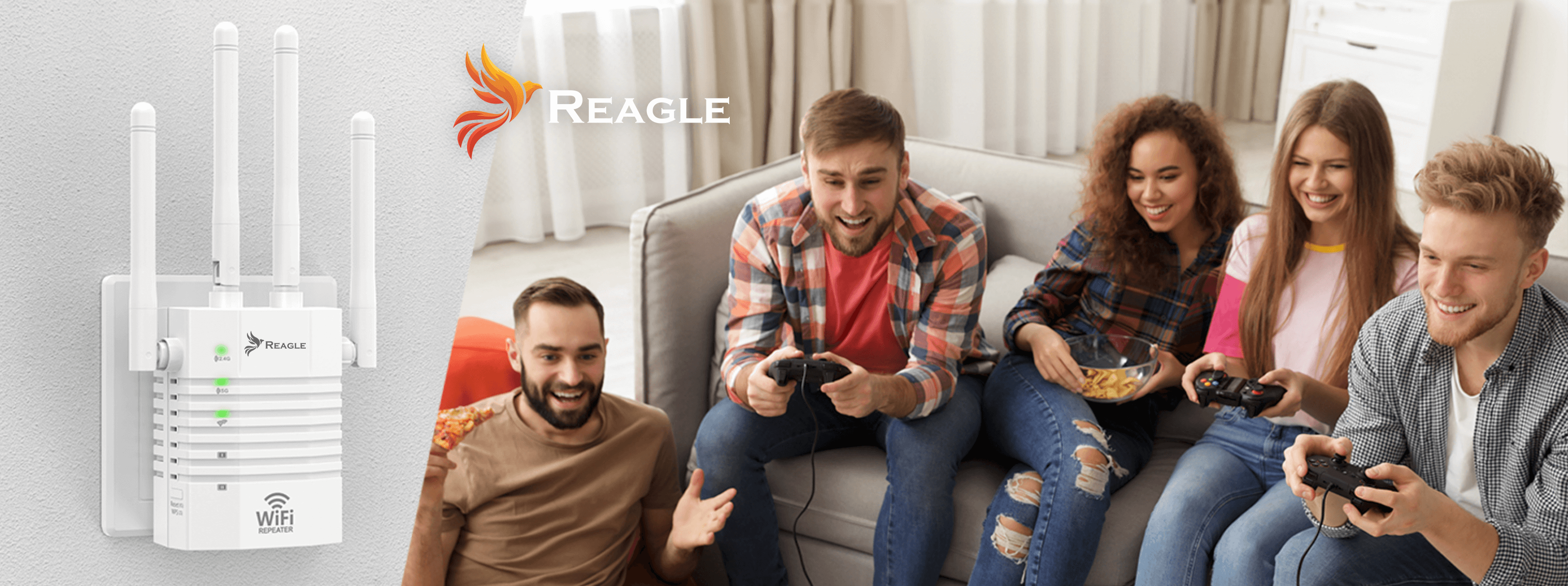 Ludzie grający w gry wideo. Router Wi-Fi po lewej. Tekst: Reagle WiFi Extender. Szczęśliwe twarze.