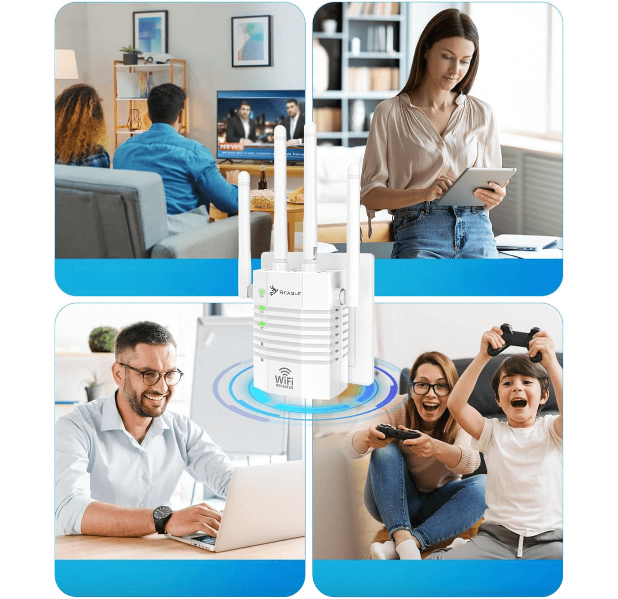 Cztery obrazy pokazujące osoby korzystające z wzmacniacza Wi-Fi, z białym urządzeniem pośrodku.