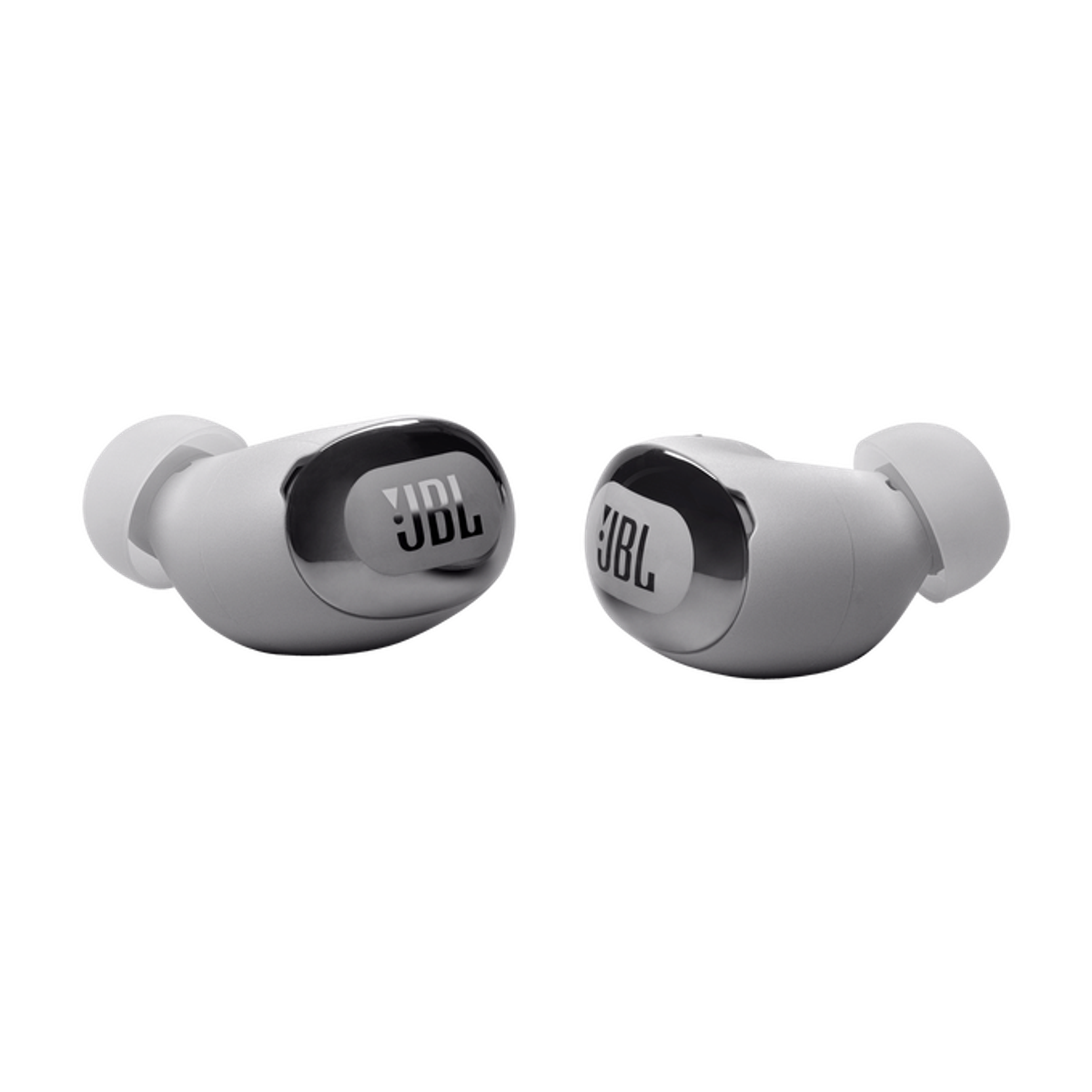 Due auricolari wireless JBL grigi, ciascuno con il logo JBL, isolati su sfondo scuro.