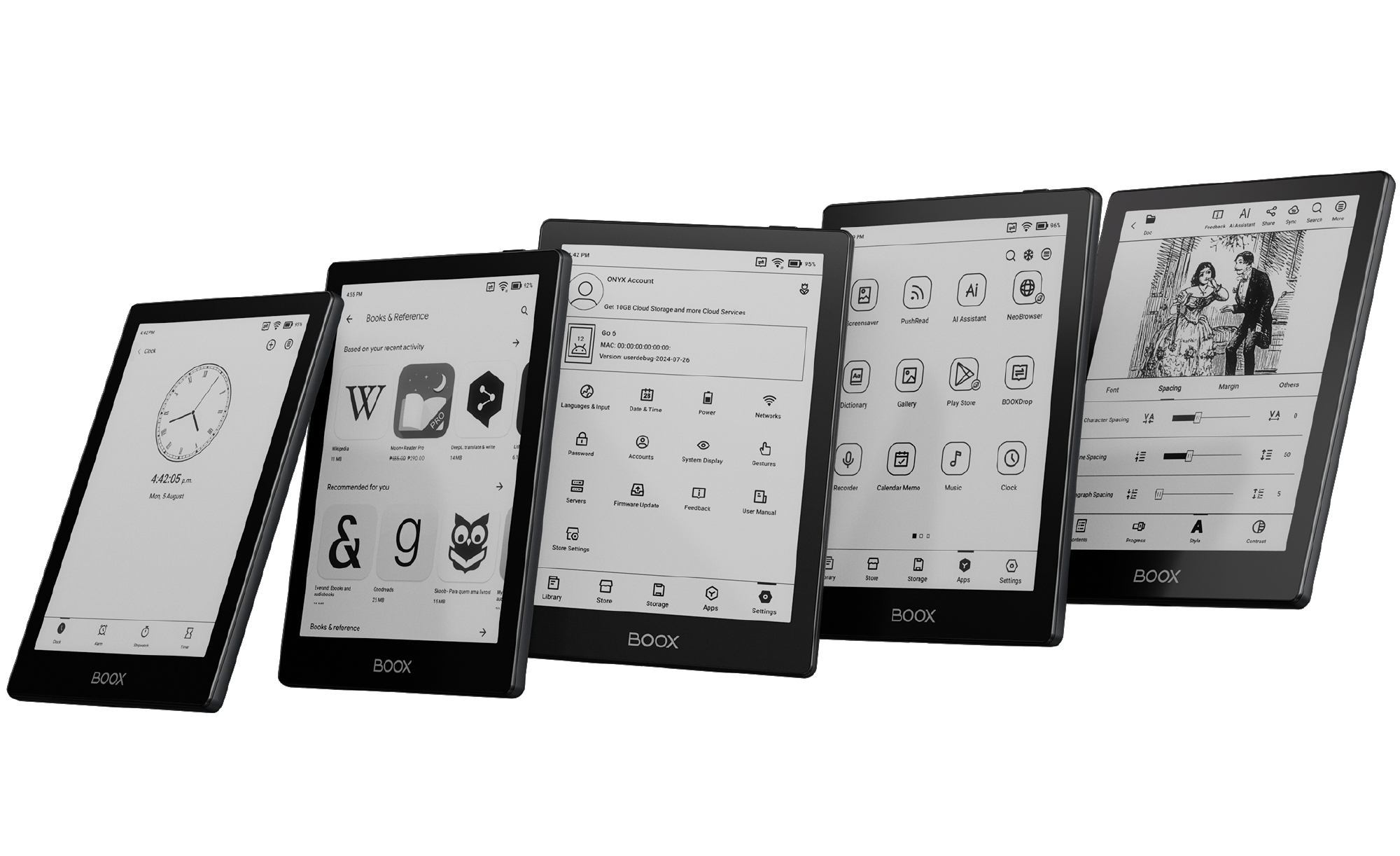 Pięć czarnych czytników e-booków wyświetlających różne interfejsy, ułożonych od lewej do prawej.
