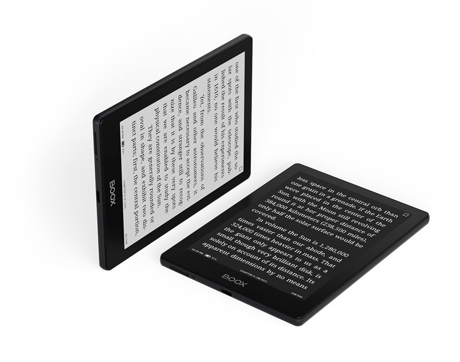 Dwa czarne czytniki e-booków, jeden otwarty z tekstem, na czarnym tle.