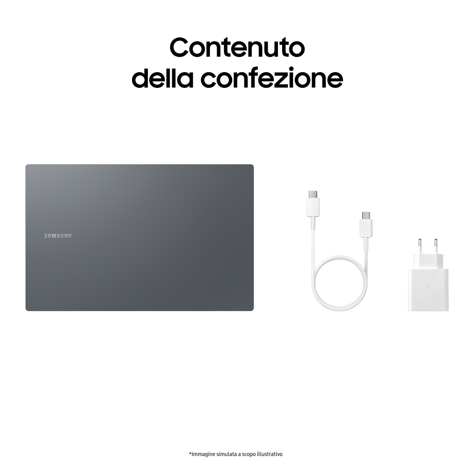 Ordinateur portable et chargeur, avec un câble USB-C, disposés sur une surface blanche.