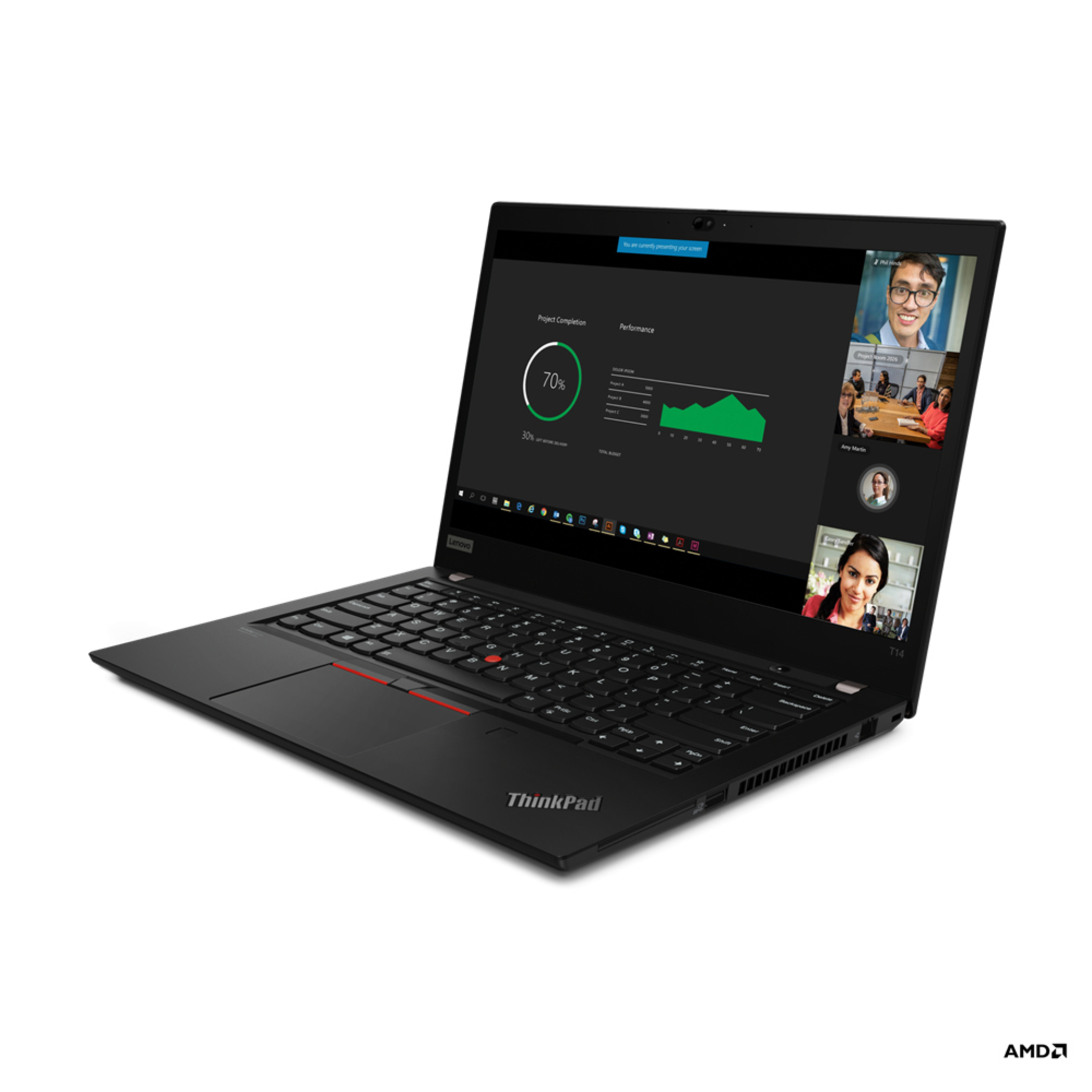 Schwarzer Laptop mit Bildschirm, der eine Videokonferenz und Diagramme anzeigt.