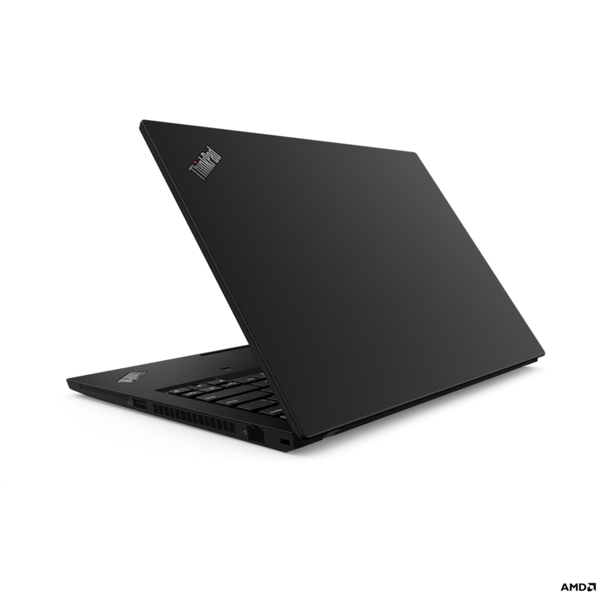 Schwarzer Laptop mit ThinkPad-Logo, geöffnet auf weißem Hintergrund, AMD-Logo.