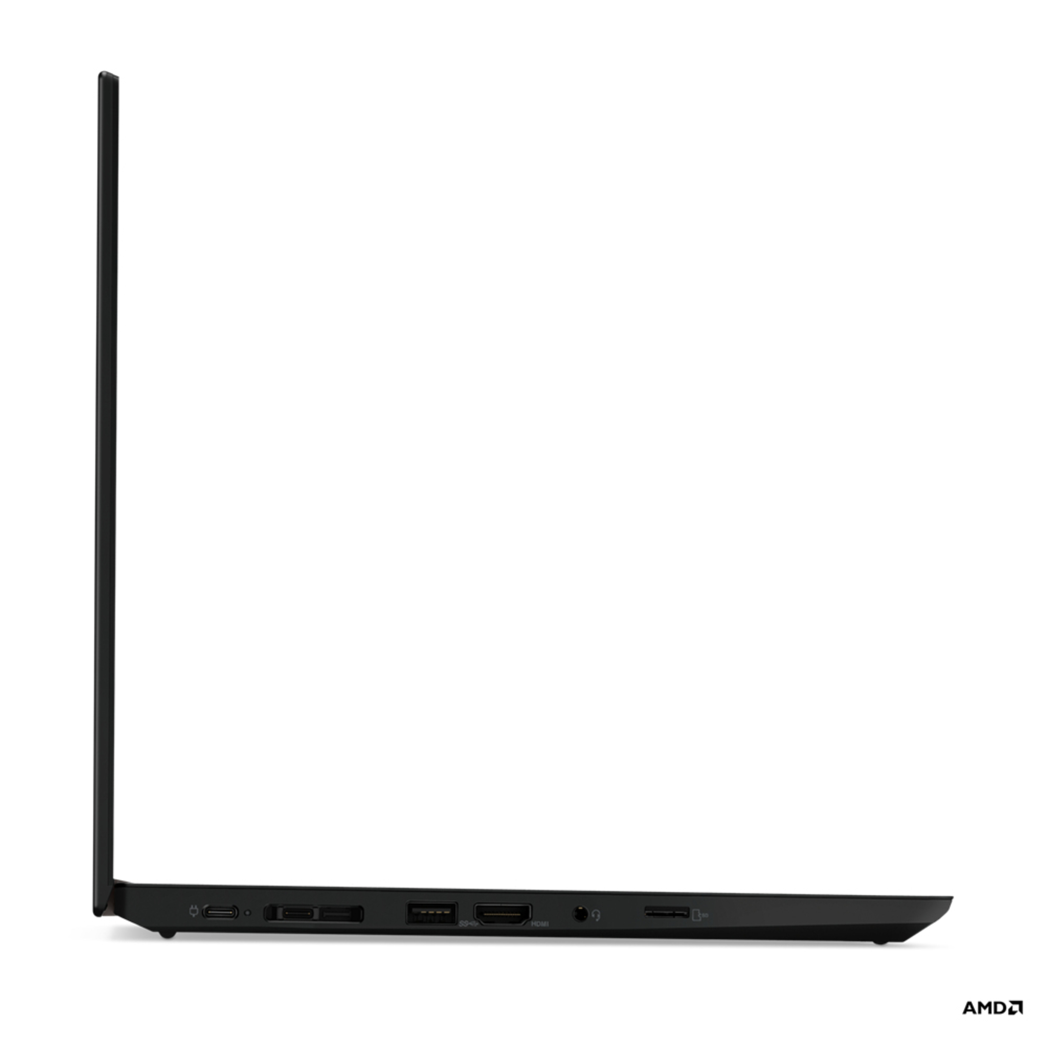 Schwarzer Laptop, Seitenansicht, mit sichtbaren Anschlüssen. AMD-Logo wird angezeigt.