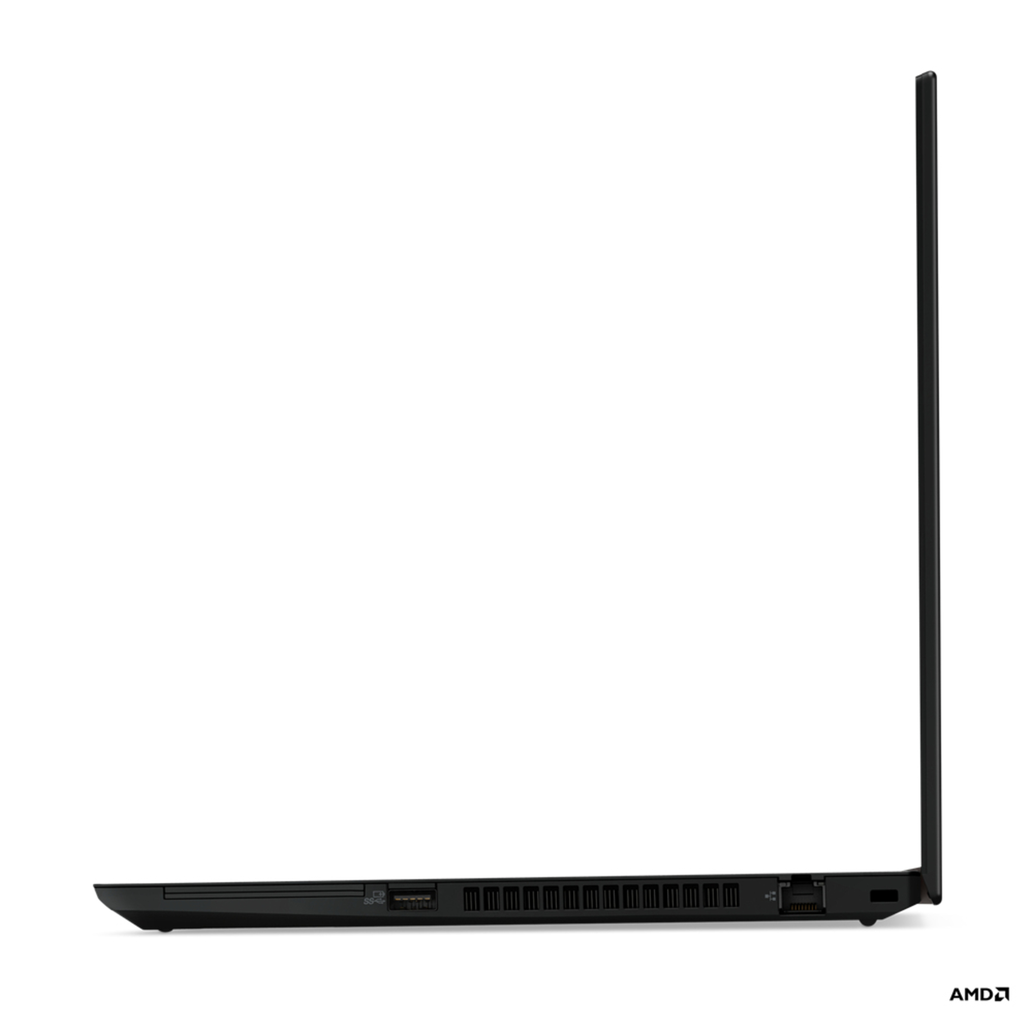Schwarzes Laptop-Seitenansicht, offen, zeigt Anschlüsse und AMD-Markenzeichen.