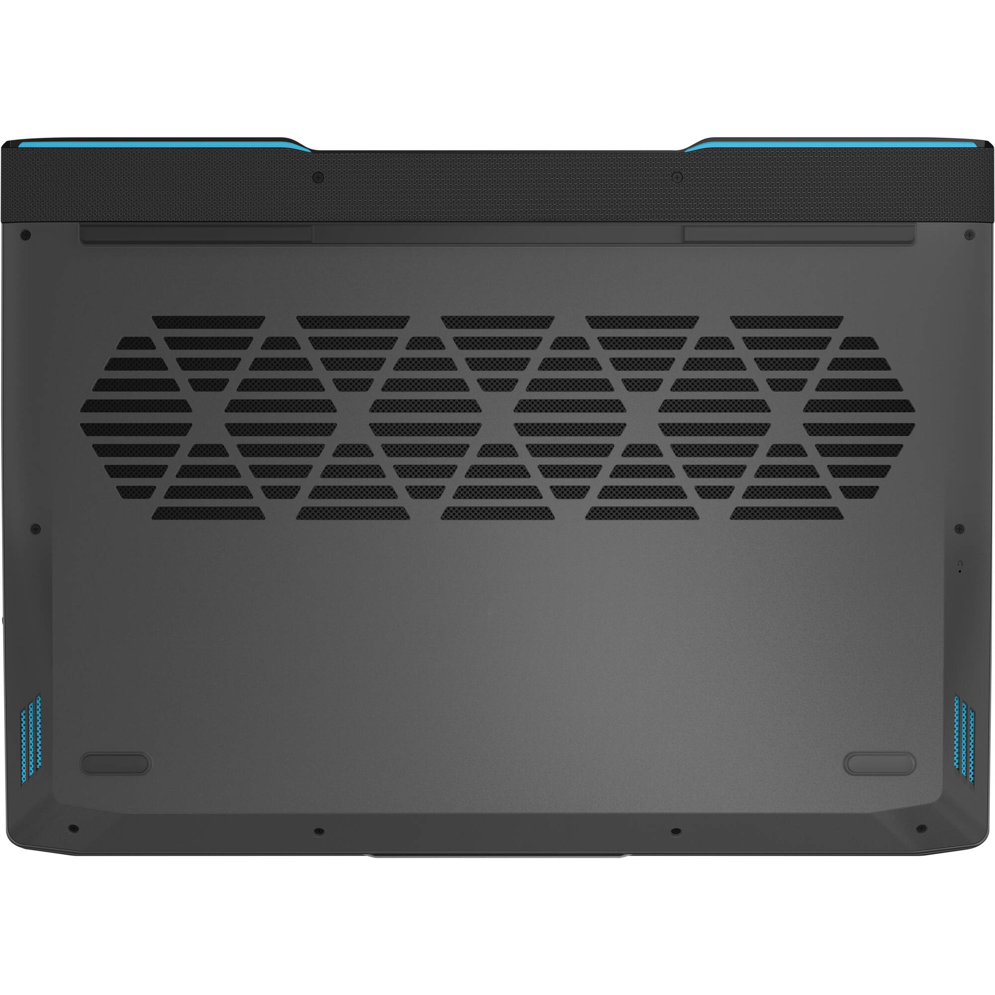 Spód czarnego laptopa. Posiada siatkę otworów do chłodzenia i niebieskie akcenty.