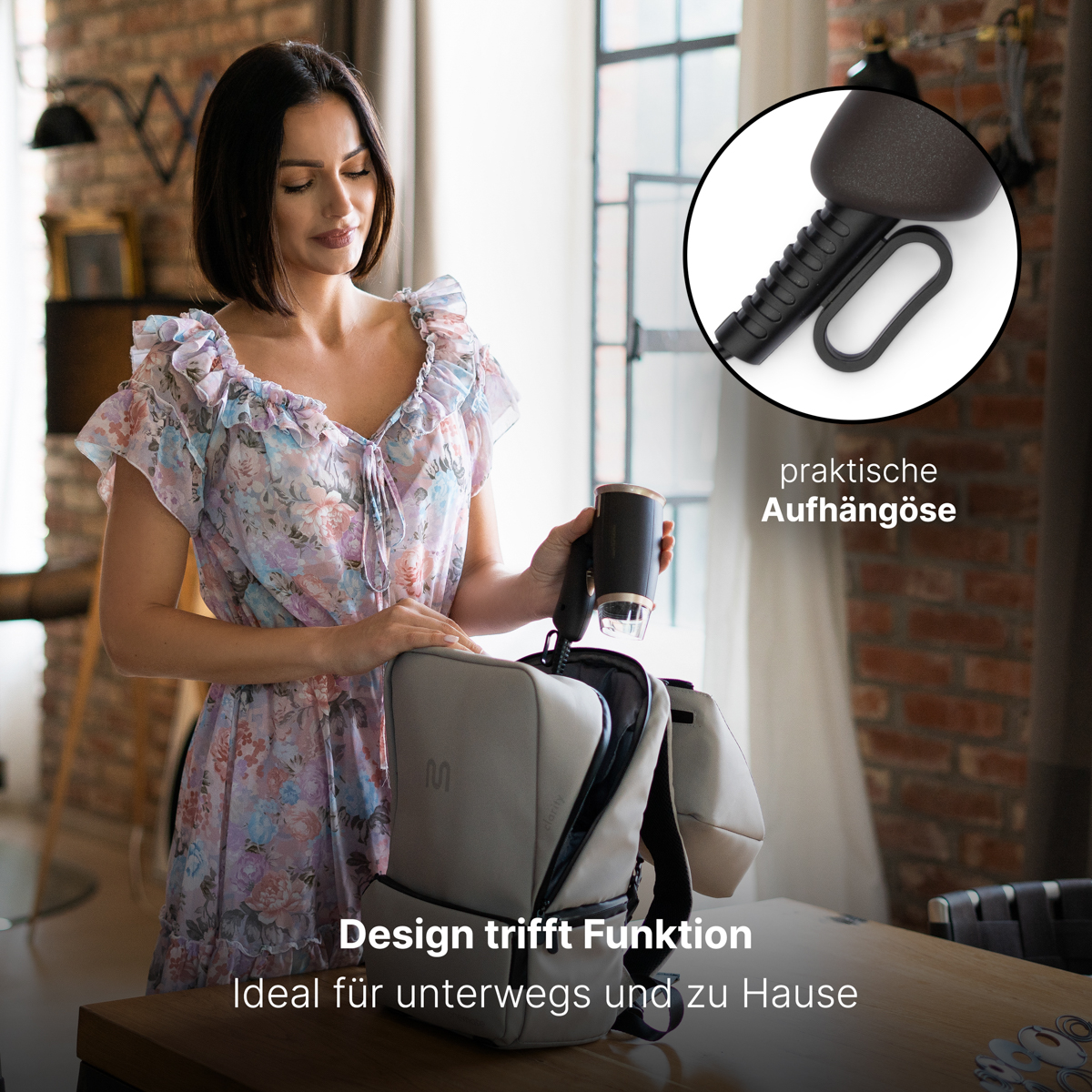 Kobieta z plecakiem i parownicą. Tekst: Design meets function; Idealny w podróży.