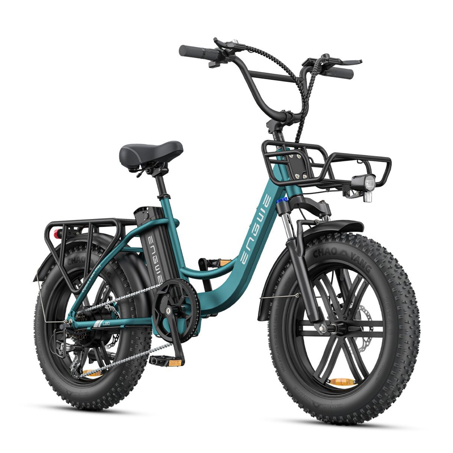 Bicicletta elettrica turchese con pneumatici neri, un cestino e un portapacchi posteriore. Il marchio è visibile.