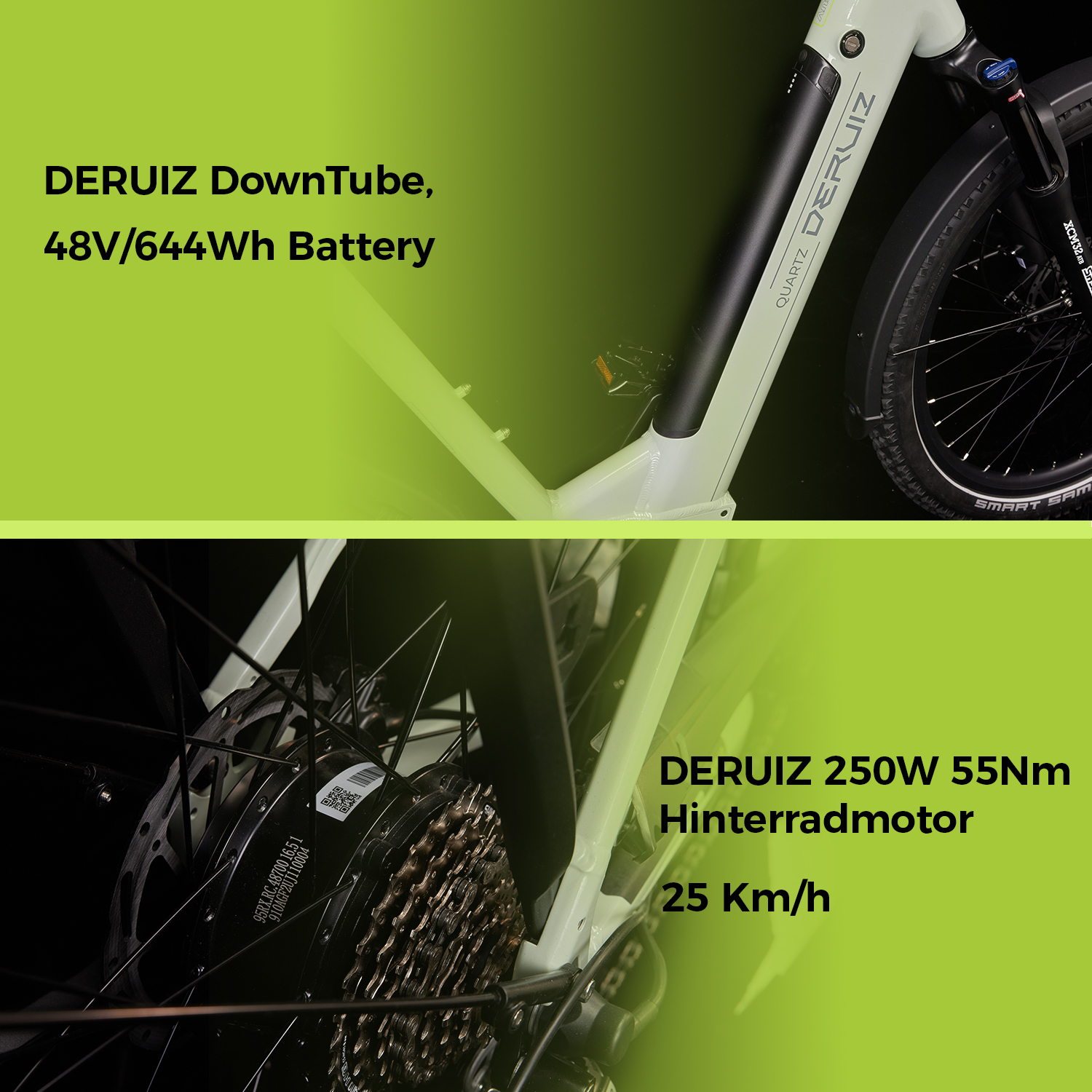 Nahaufnahme eines Elektrofahrrads mit Details. Merkmale: 48V/644Wh Akku und 250W Motor.