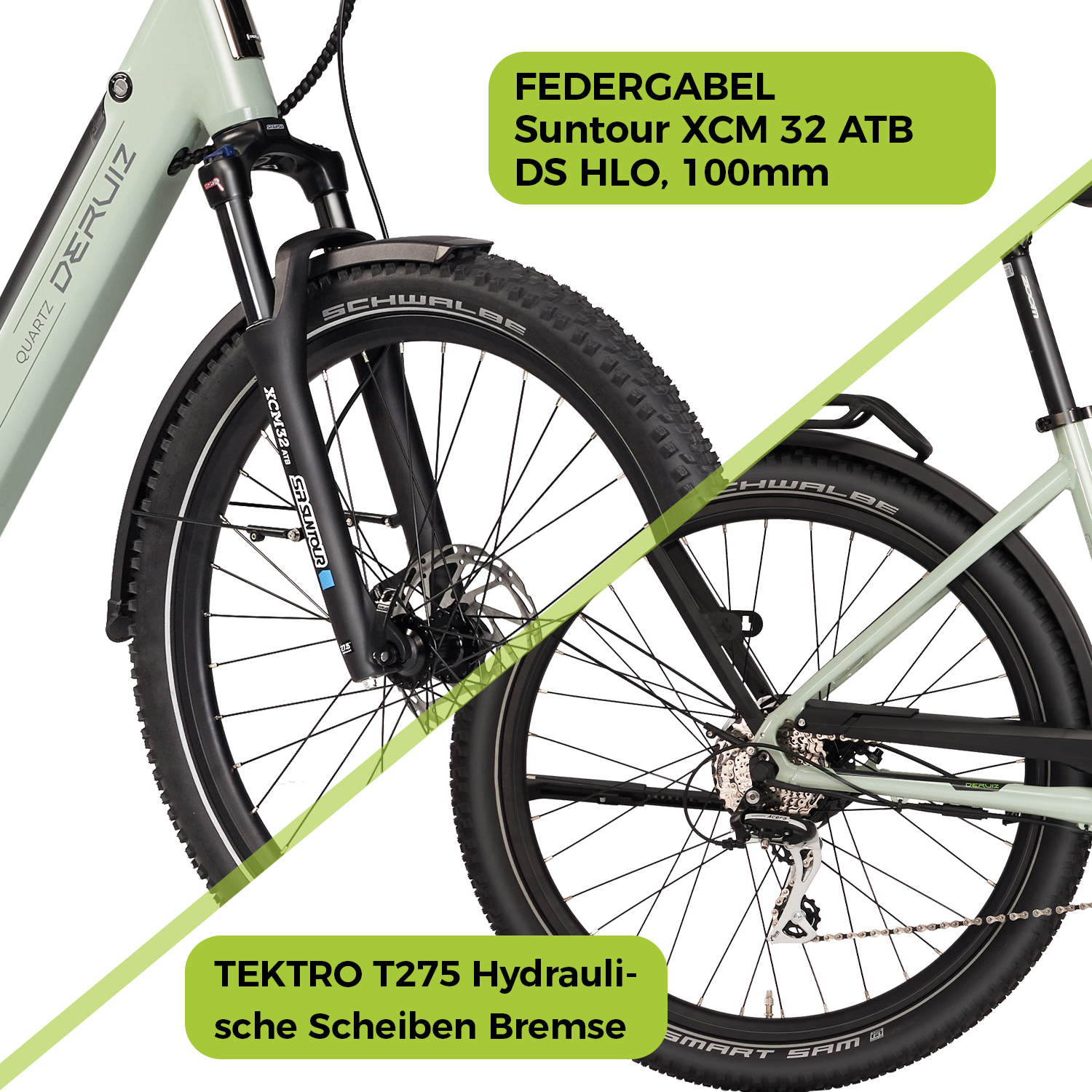 Nahaufnahme eines Fahrrads mit grünen Akzenten, mit Text, der Details des Fahrrads beschreibt.