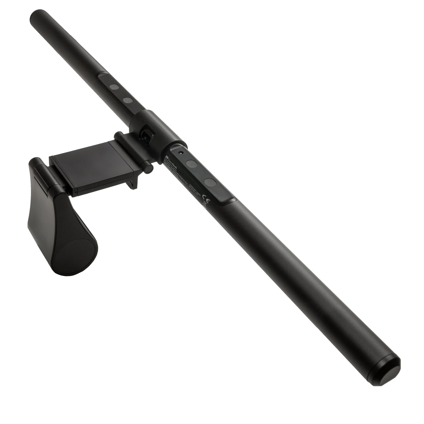 Schwarze Schreibtischlampe. Sie hat eine lange, schlanke, rechteckige Form mit einem Clip zur Befestigung.