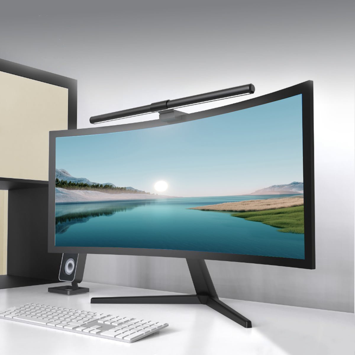 Ein gebogener Computermonitor mit einer Lichtleiste oben, der eine Landschaft zeigt.