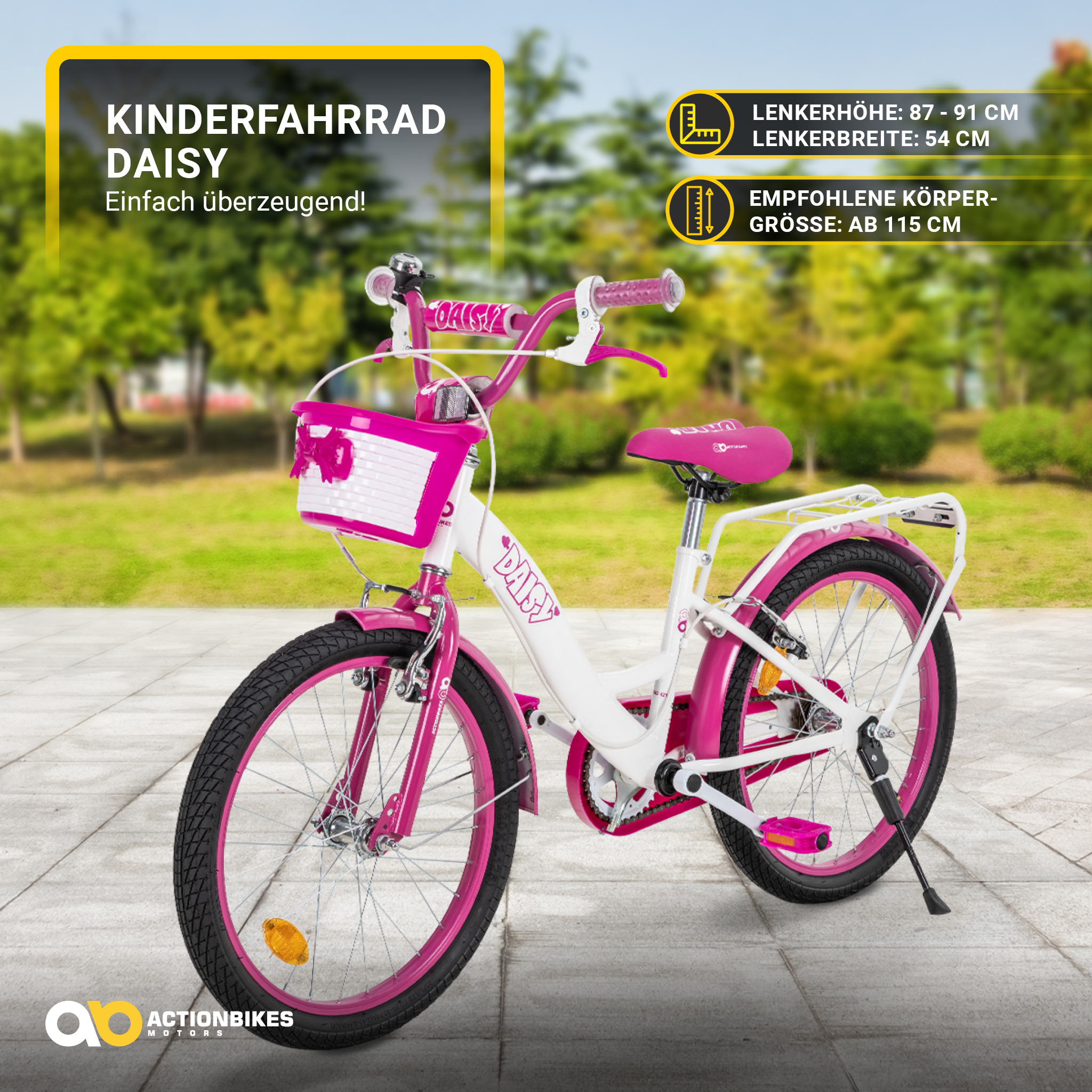 Ein rosa-weißes Kinderfahrrad. Es hat einen Korb und Stützräder. Der Text lautet 'Kinderfahrrad Daisy'.