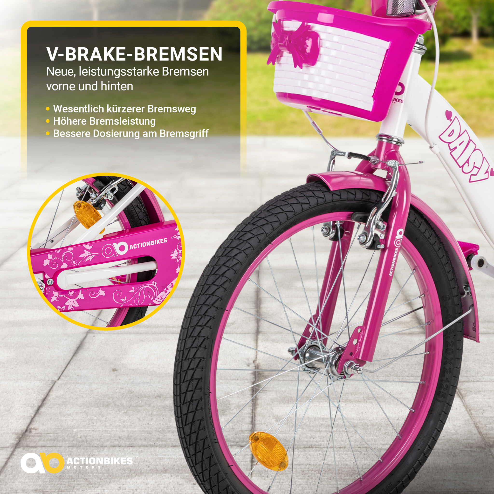 Rosa Kinderfahrrad mit Korb und Text. Nahaufnahme mit Textüberlagerung.