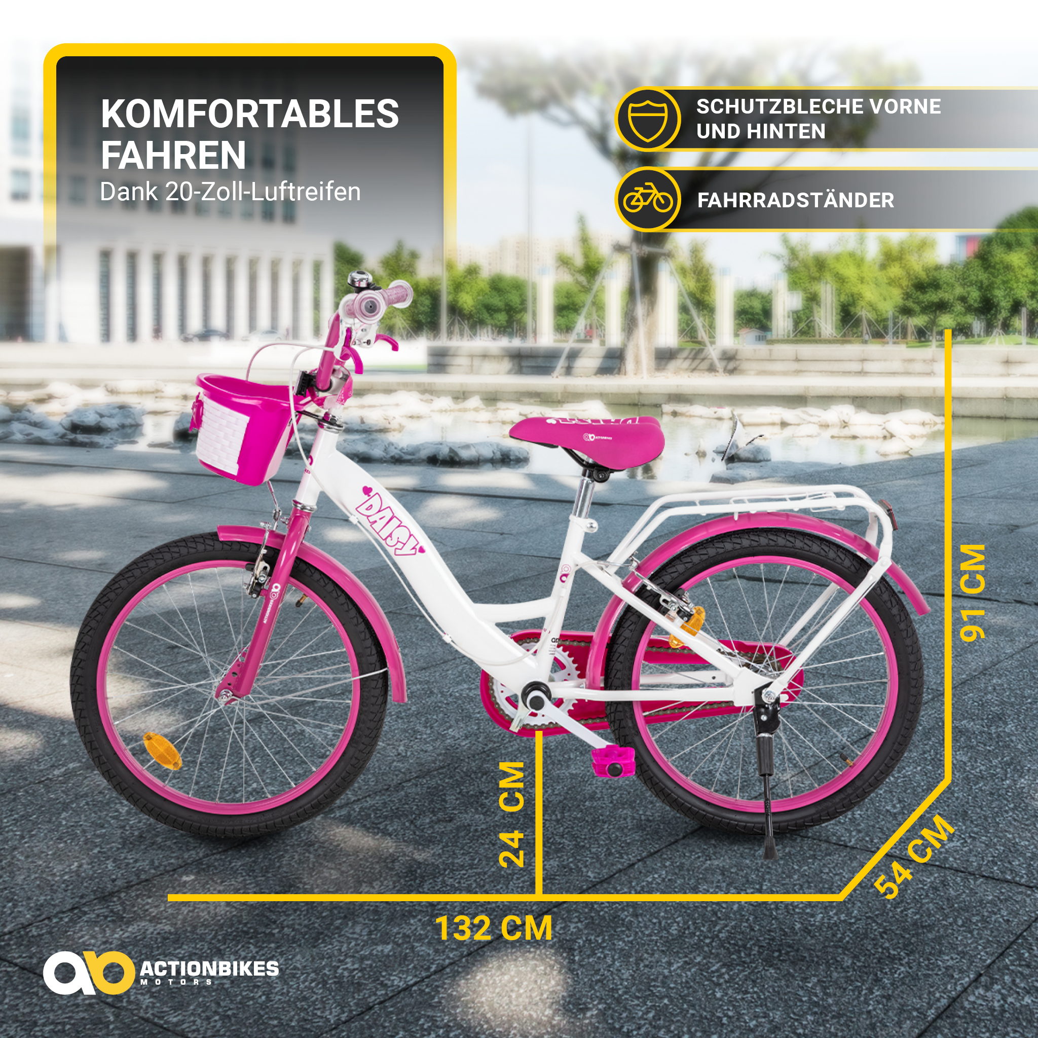 Rosa-weißes Fahrrad mit Abmessungen. Rosa Korb und Sitz. Text auf Deutsch.