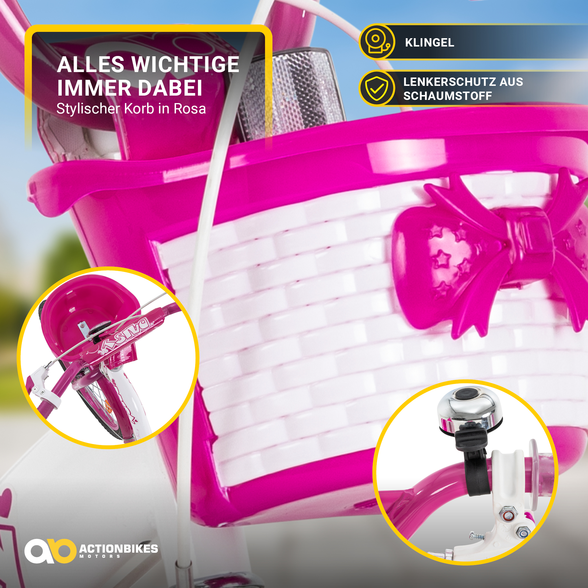 Rosa-weißer Fahrradkorb für Kinder mit Schleife. Klingel am Lenker. Rosa-weißes Fahrrad.