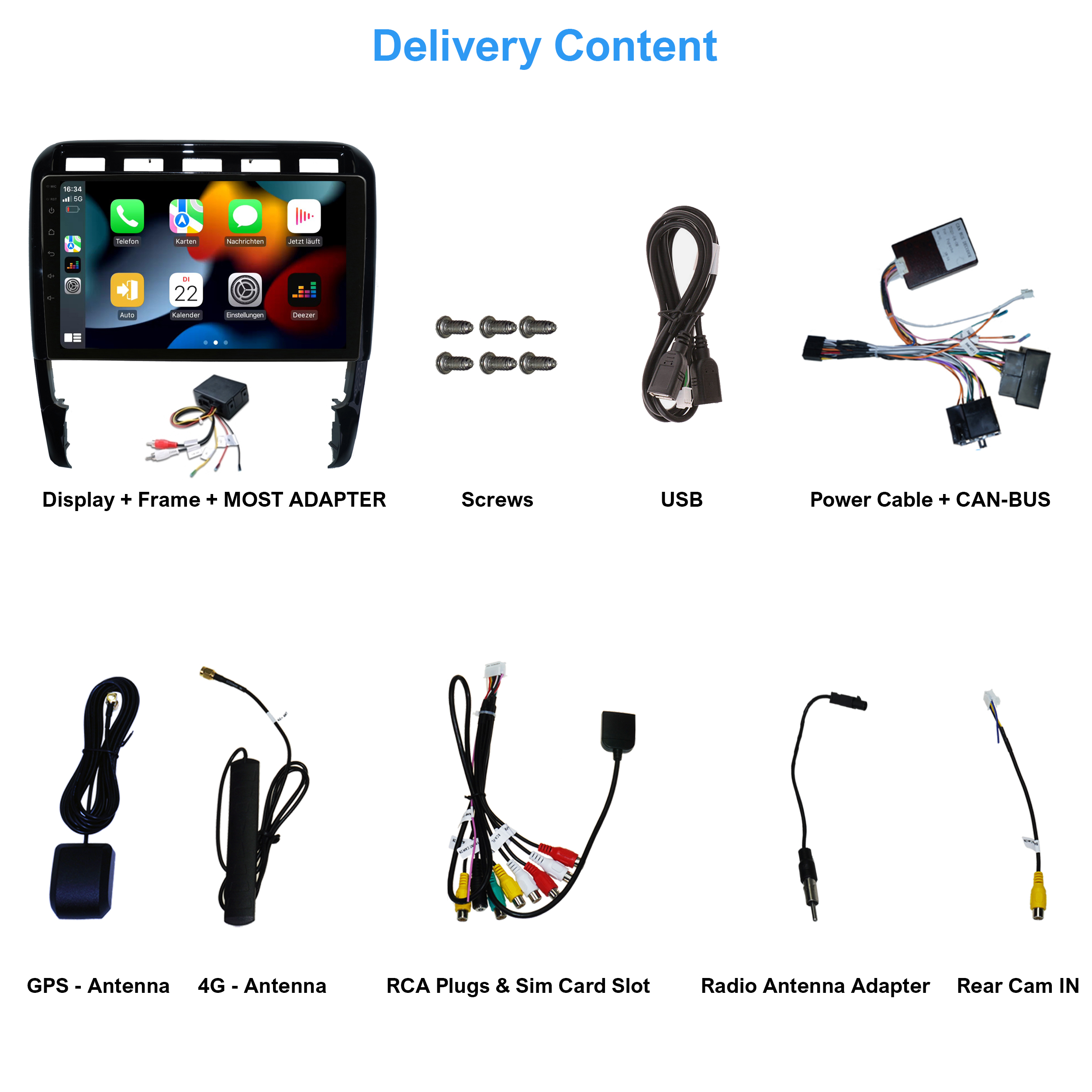 Komponenten des Car-Multimedia-Systems: Display, Schrauben, Kabel, GPS, Antennen, RCA-Stecker und Adapter.