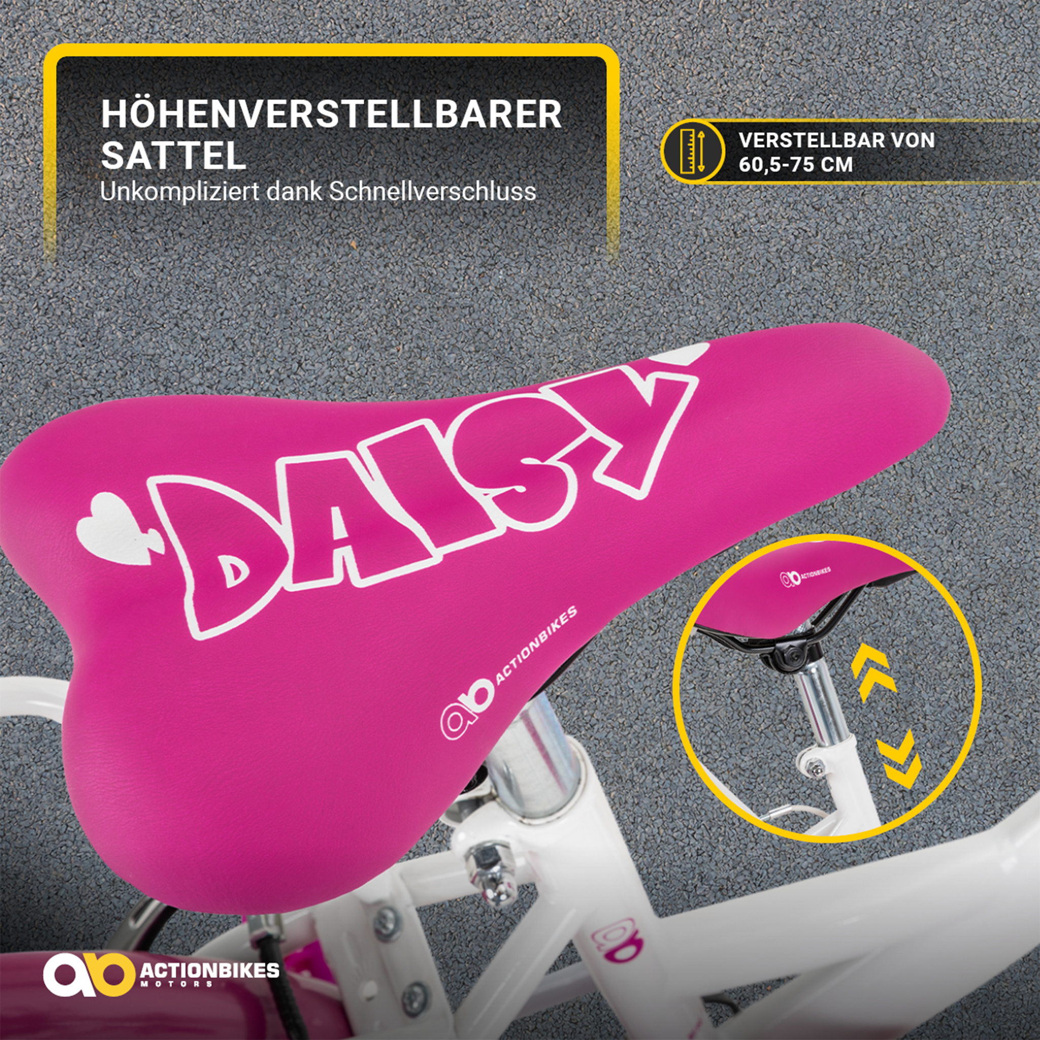 Rosa Fahrradsitz mit weißer Schrift auf weißem Fahrradrahmen.