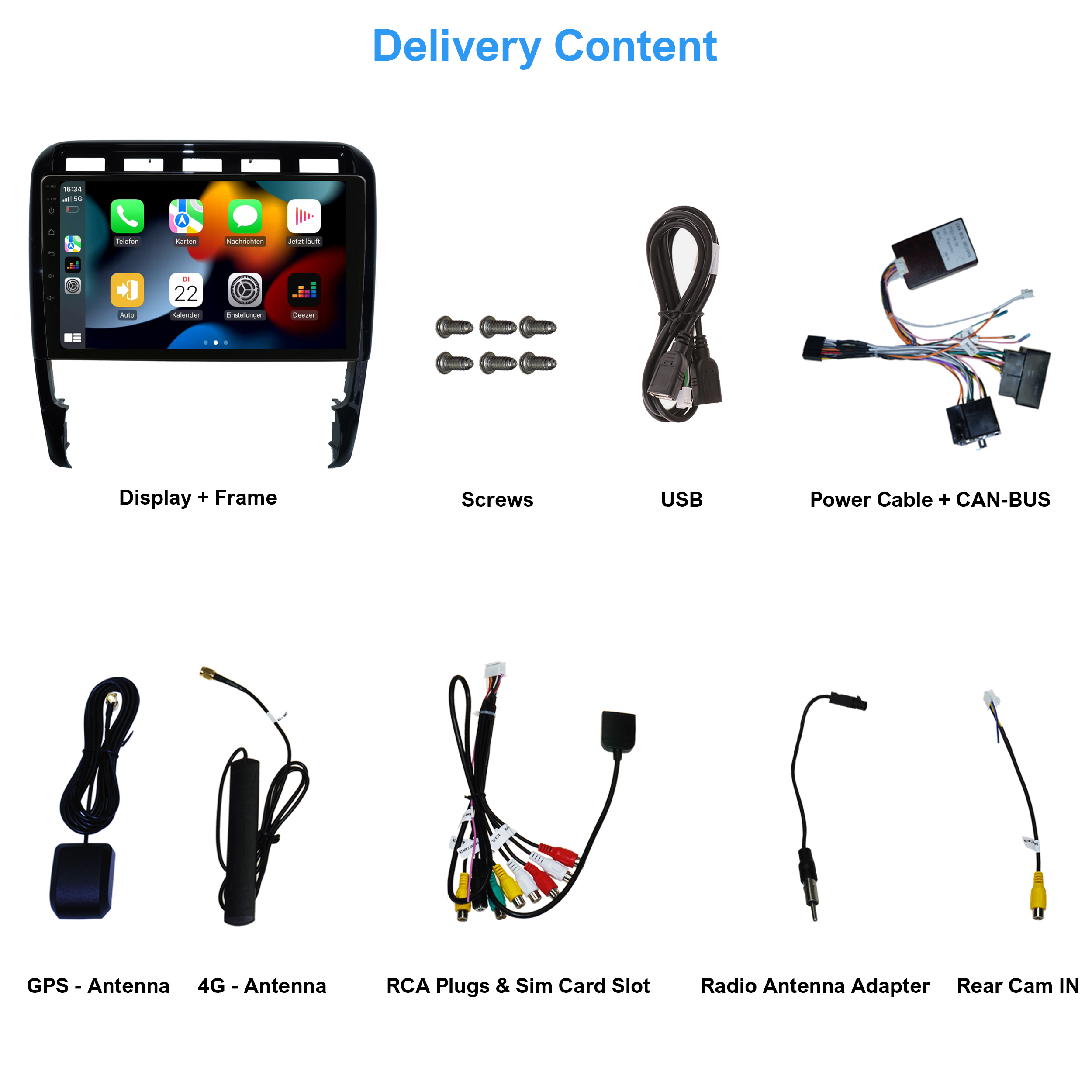 Lieferinhalt: Auto-Display, Schrauben, USB, Netzkabel, GPS-Antenne und mehr.