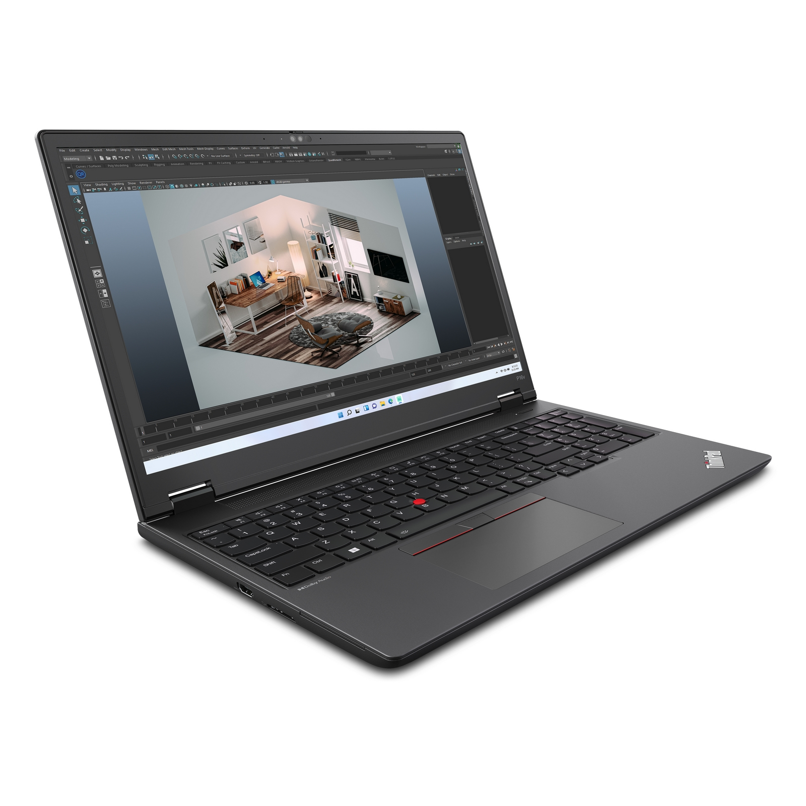 Laptop che mostra un rendering di una stanza. Tastiera e trackpad visibili. Colore nero.