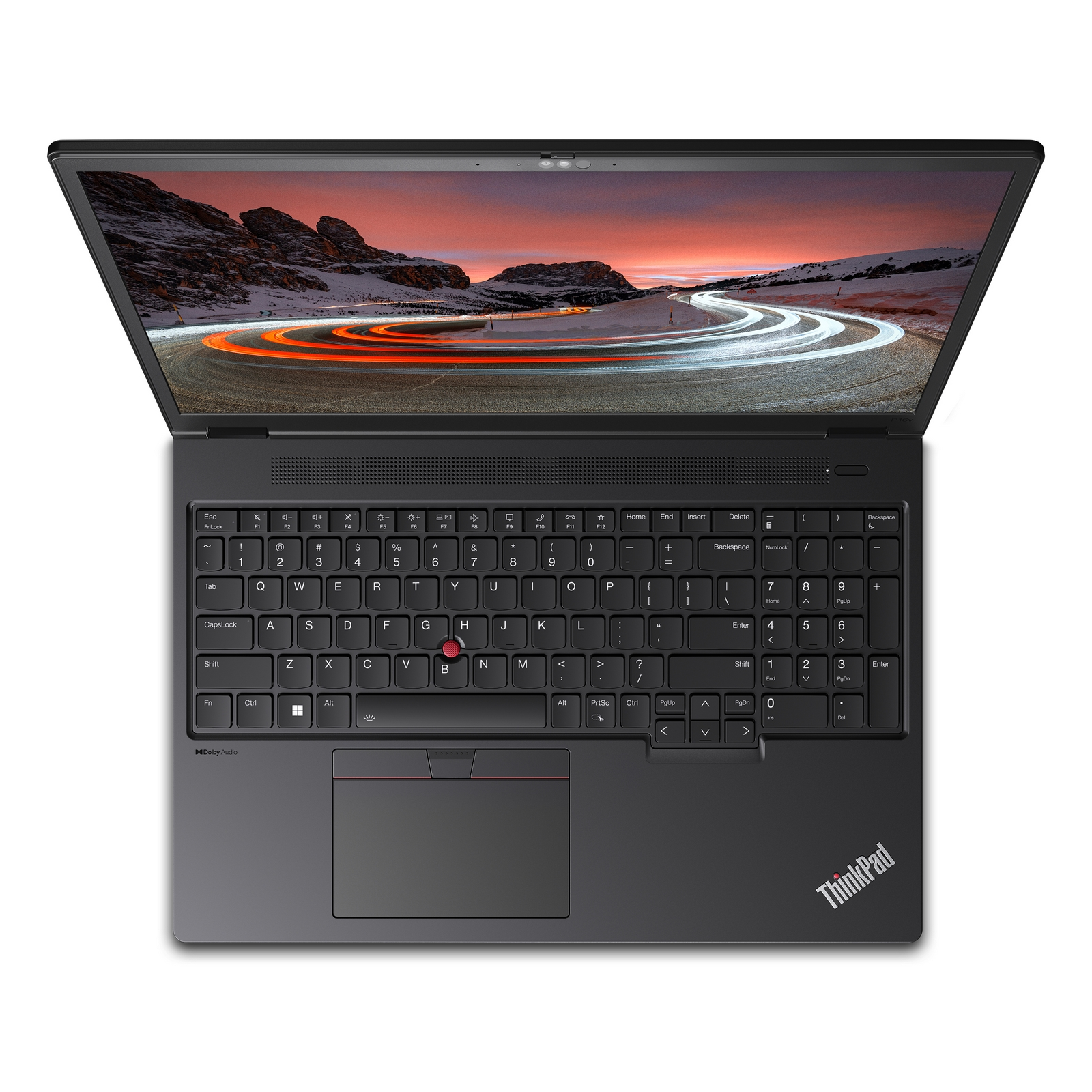 Laptop ThinkPad nero, aperto con tastiera visibile. Ripresa interna, vista dall'alto.