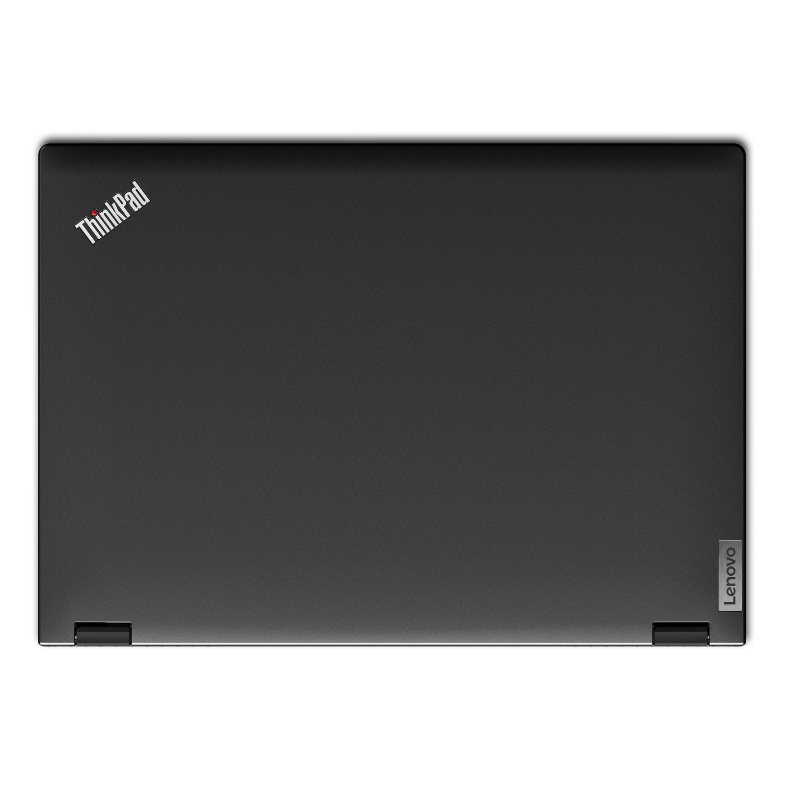 Vista dall'alto di un laptop nero con il logo ThinkPad in alto a sinistra.