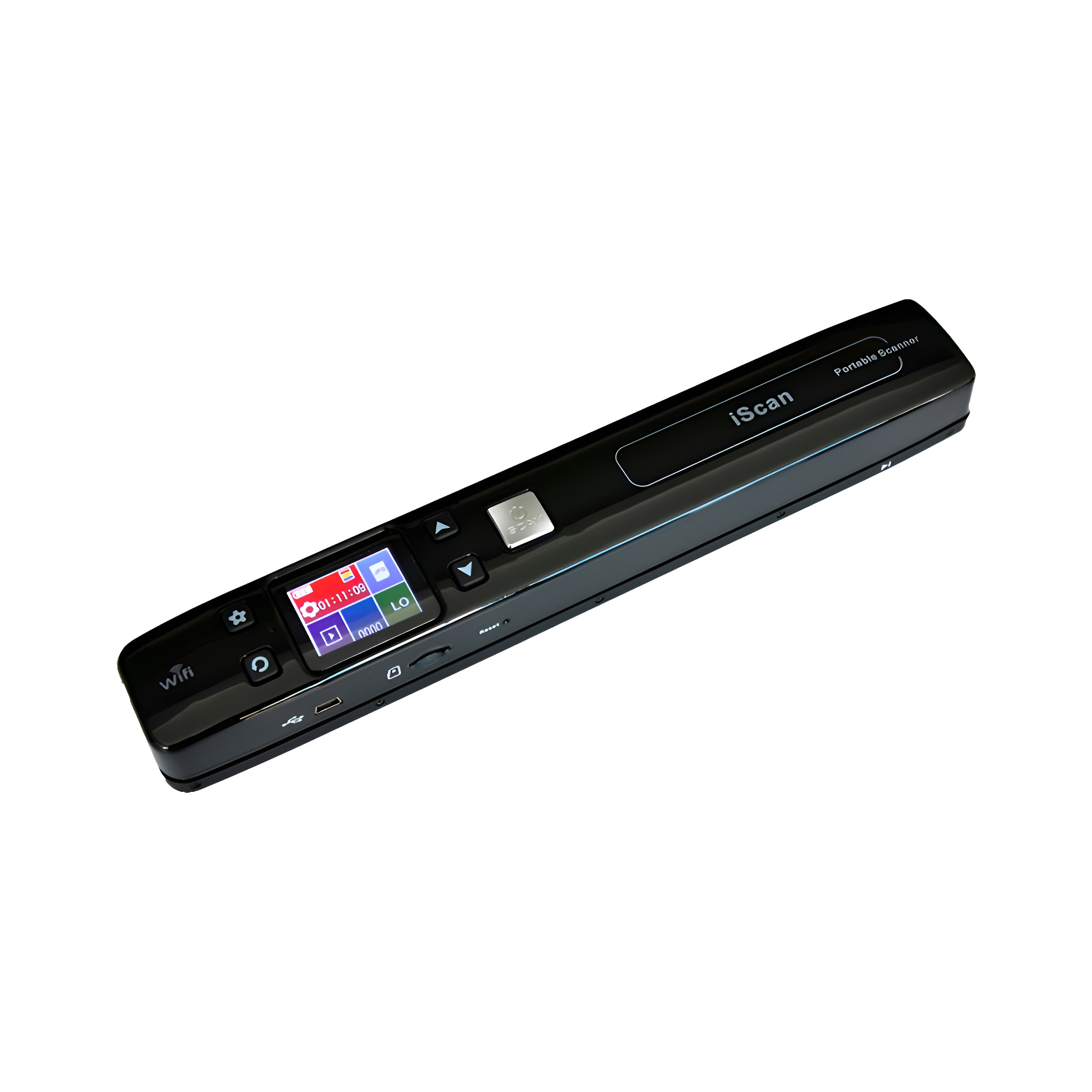 Schwarzer tragbarer Scanner. Er hat einen kleinen Bildschirm und Knöpfe. Er liegt auf Weiß.