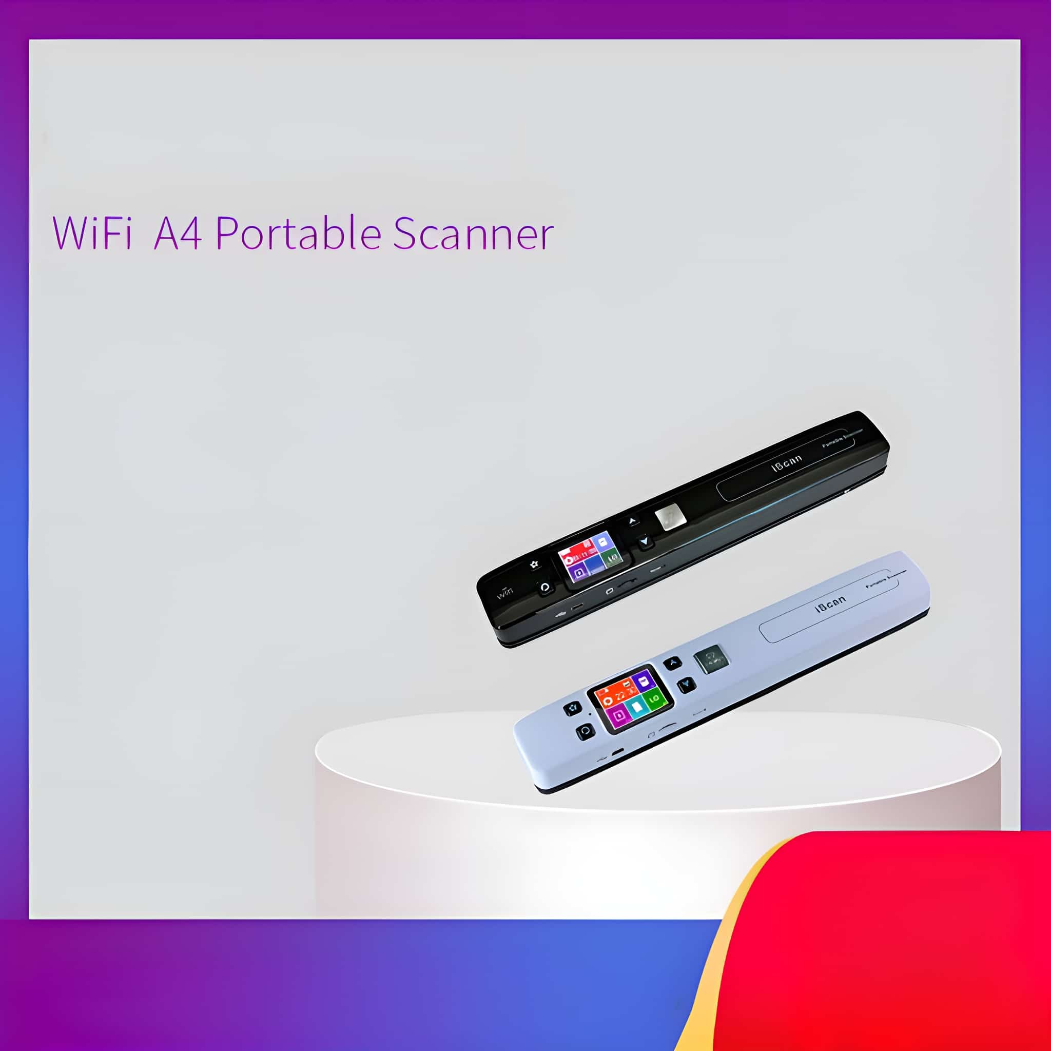 Zwei tragbare Scanner. Einer schwarz, einer weiß. Text: WiFi A4 Portable Scanner.