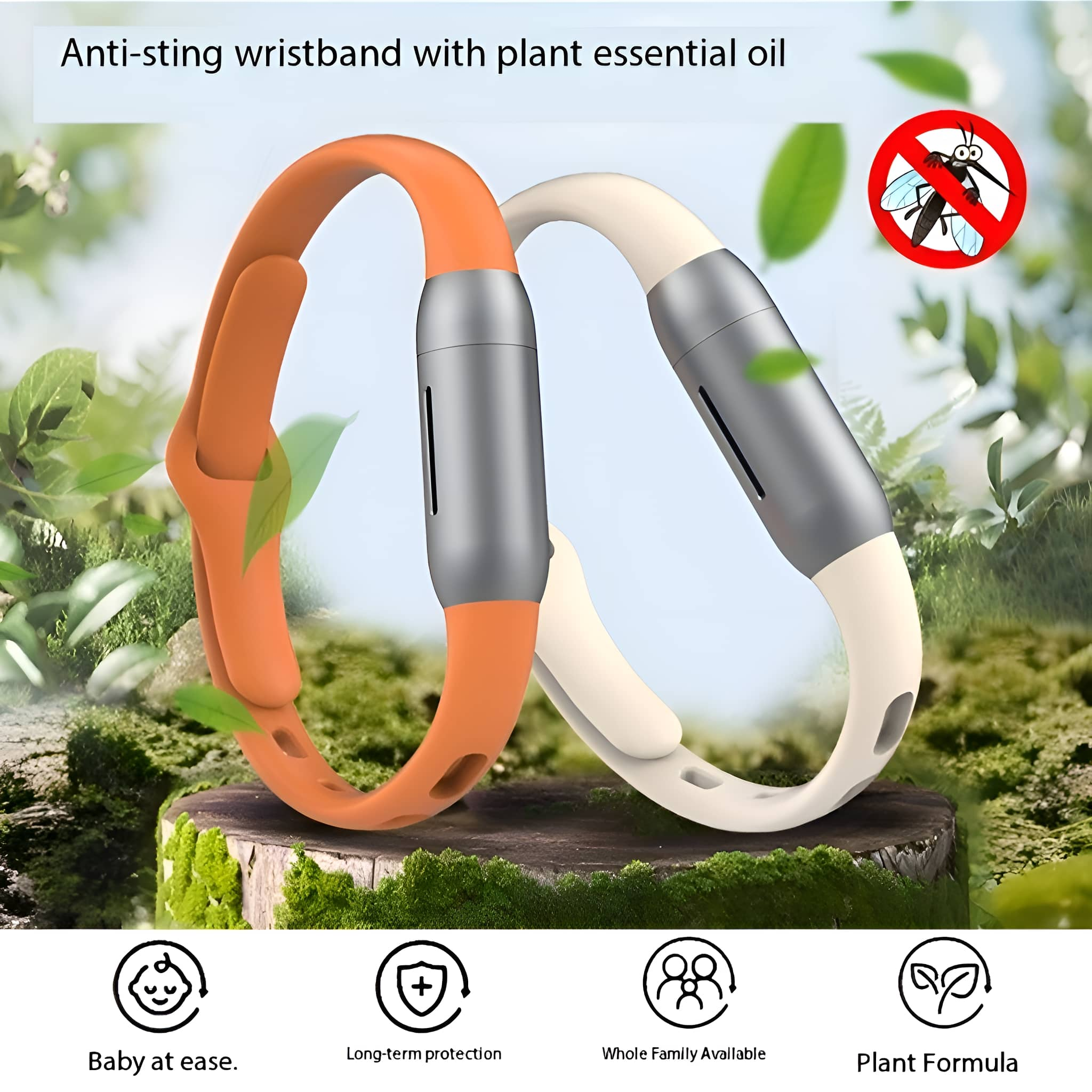 Orange und weiße Anti-Stich-Armbänder mit einem Mücken-Icon und Blättern.