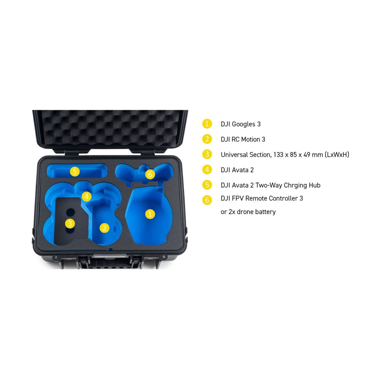 Custodia nera con schiuma blu, contenente un drone e accessori.