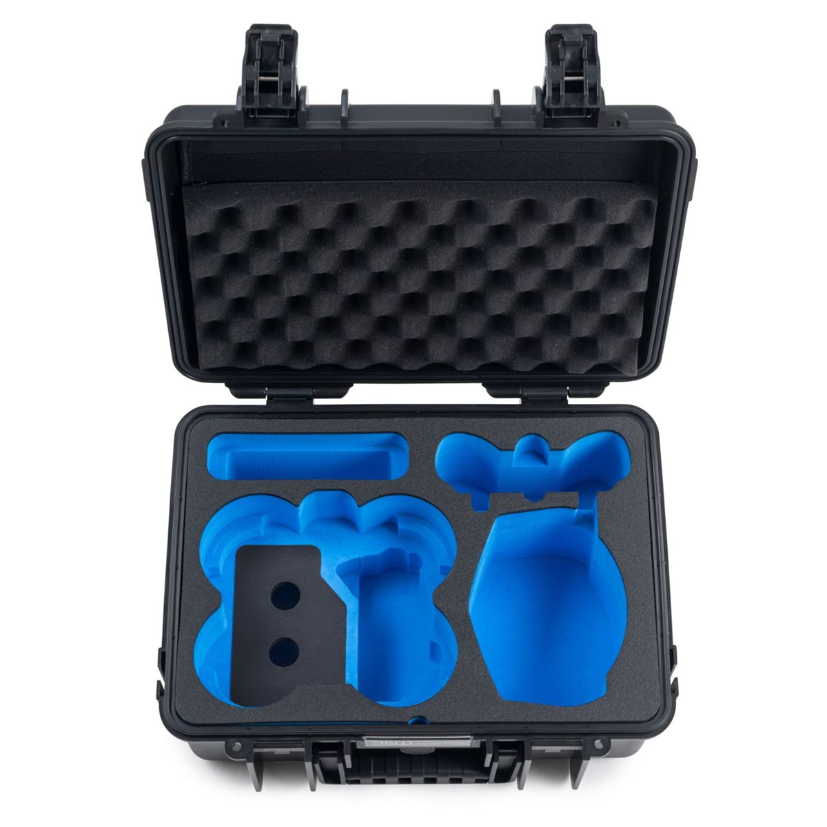 Custodia rigida nera aperta con inserti in schiuma blu. La custodia ha chiusure e cerniere.