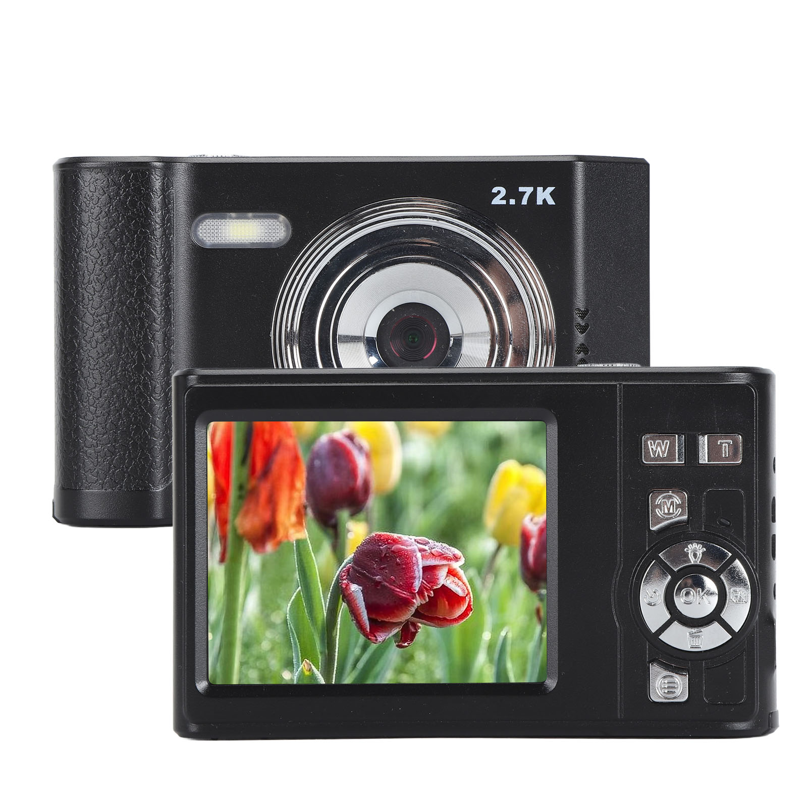 Schwarze Digitalkamera mit einem Bildschirm, der ein Foto von roten und gelben Blumen zeigt.