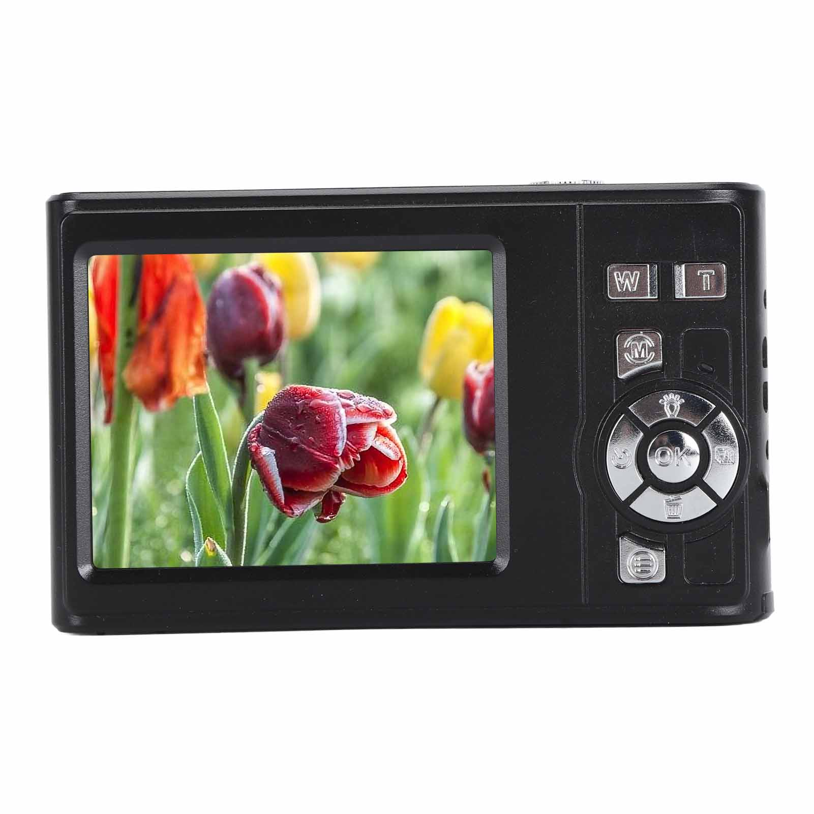 Eine schwarze Digitalkamera, die ein Foto von roten und gelben Blumen zeigt.