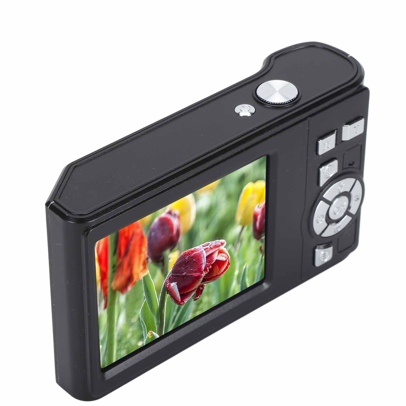 Schwarze Digitalkamera mit Bildschirm, der bunte Blumen zeigt.