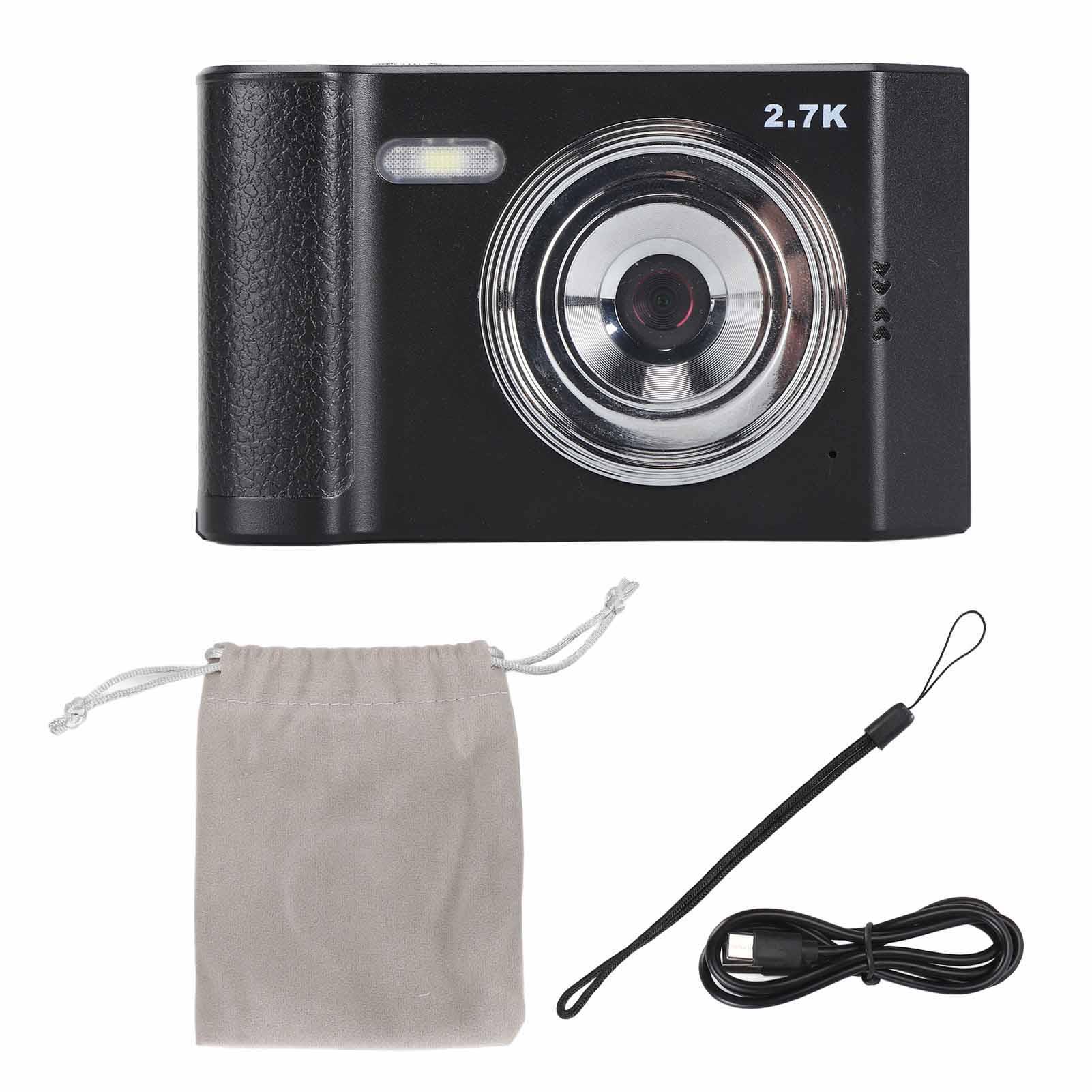 Eine schwarze 2,7K-Kamera mit Zubehör: einem grauen Beutel, einem Gurt und einem USB-Kabel, auf weißem Hintergrund.
