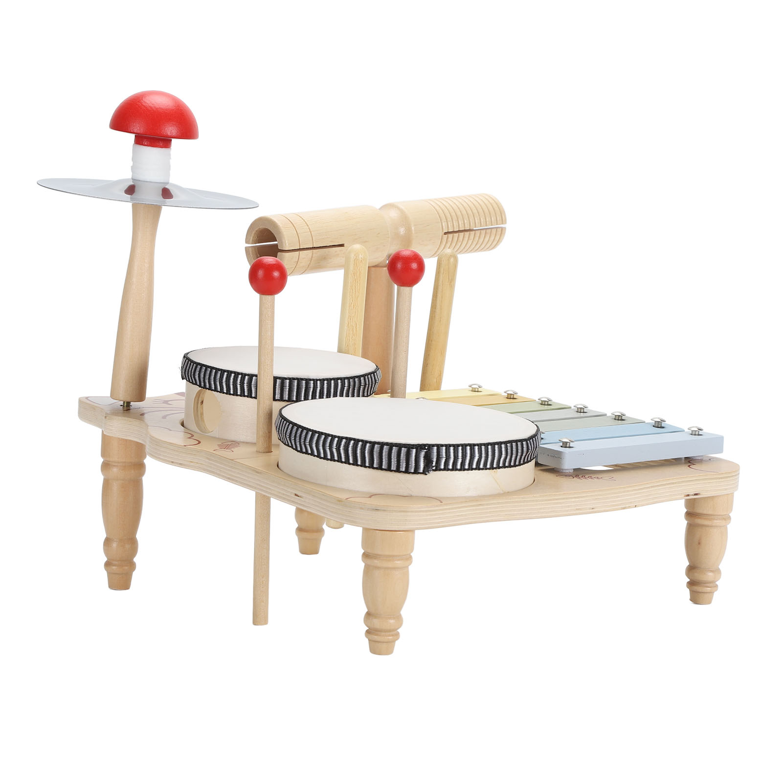 Ein Holzspielzeug-Musikinstrument mit Trommeln, Xylophon und Becken.