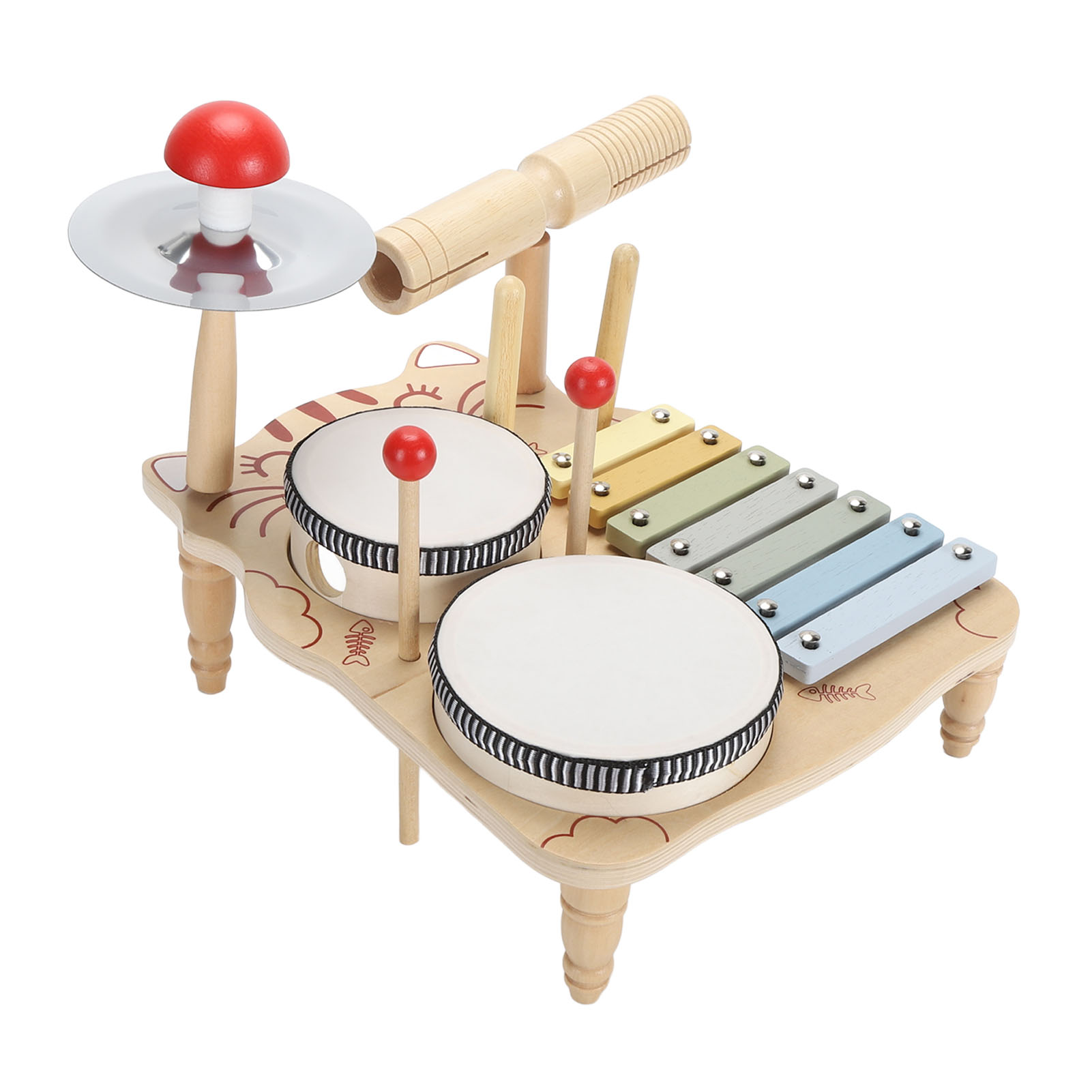 Holzspielzeug-Schlagzeug mit Trommeln, Becken, Xylophon und Trommelstöcken. Alles auf einem kleinen Tisch.