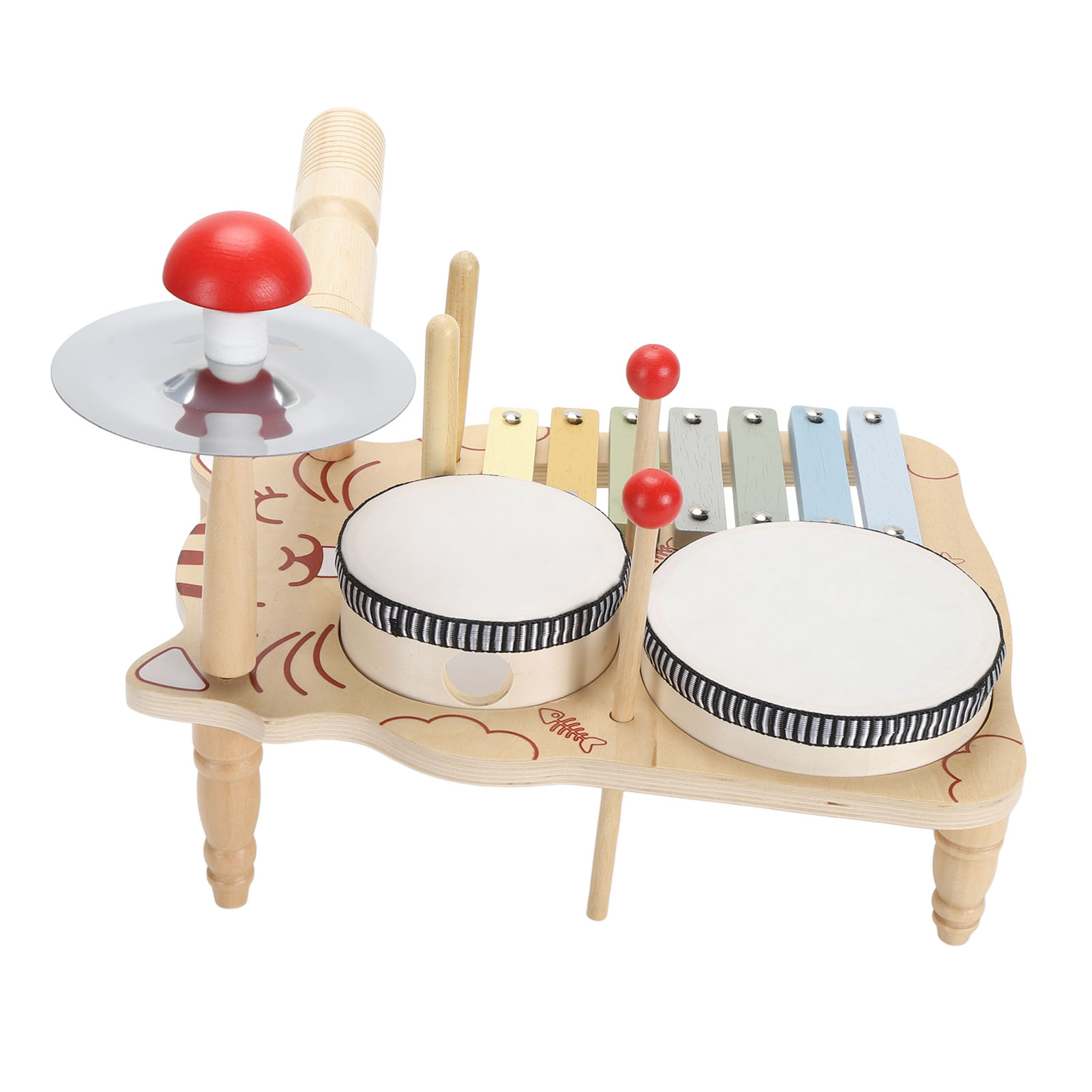 Trommelset aus Holzspielzeug mit zwei Trommeln, Becken und einem Xylophon. Rote und farbenfrohe Details.
