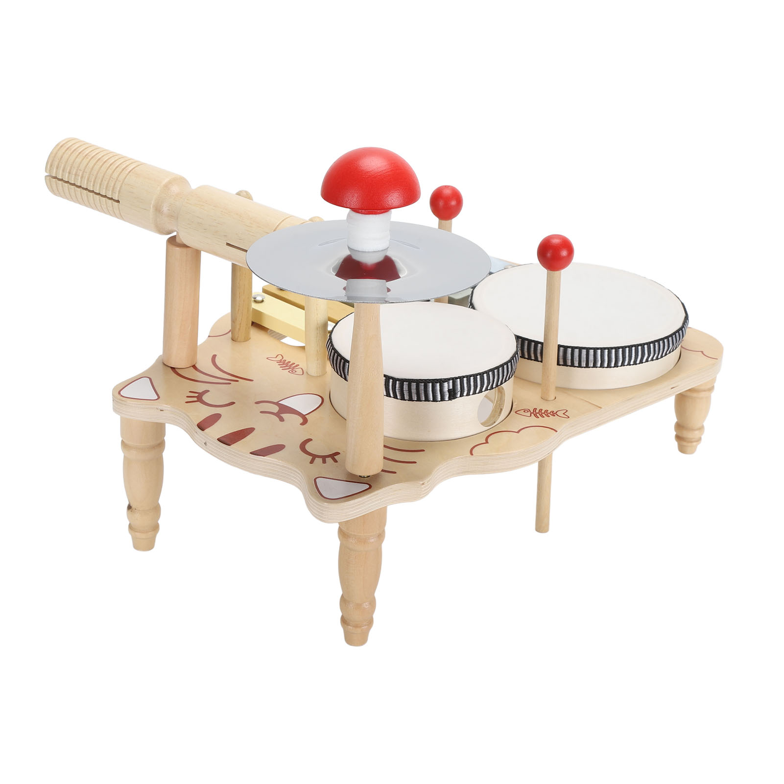 Musikspielzeug aus Holz. Enthält Trommeln, Becken und einen Schaber.