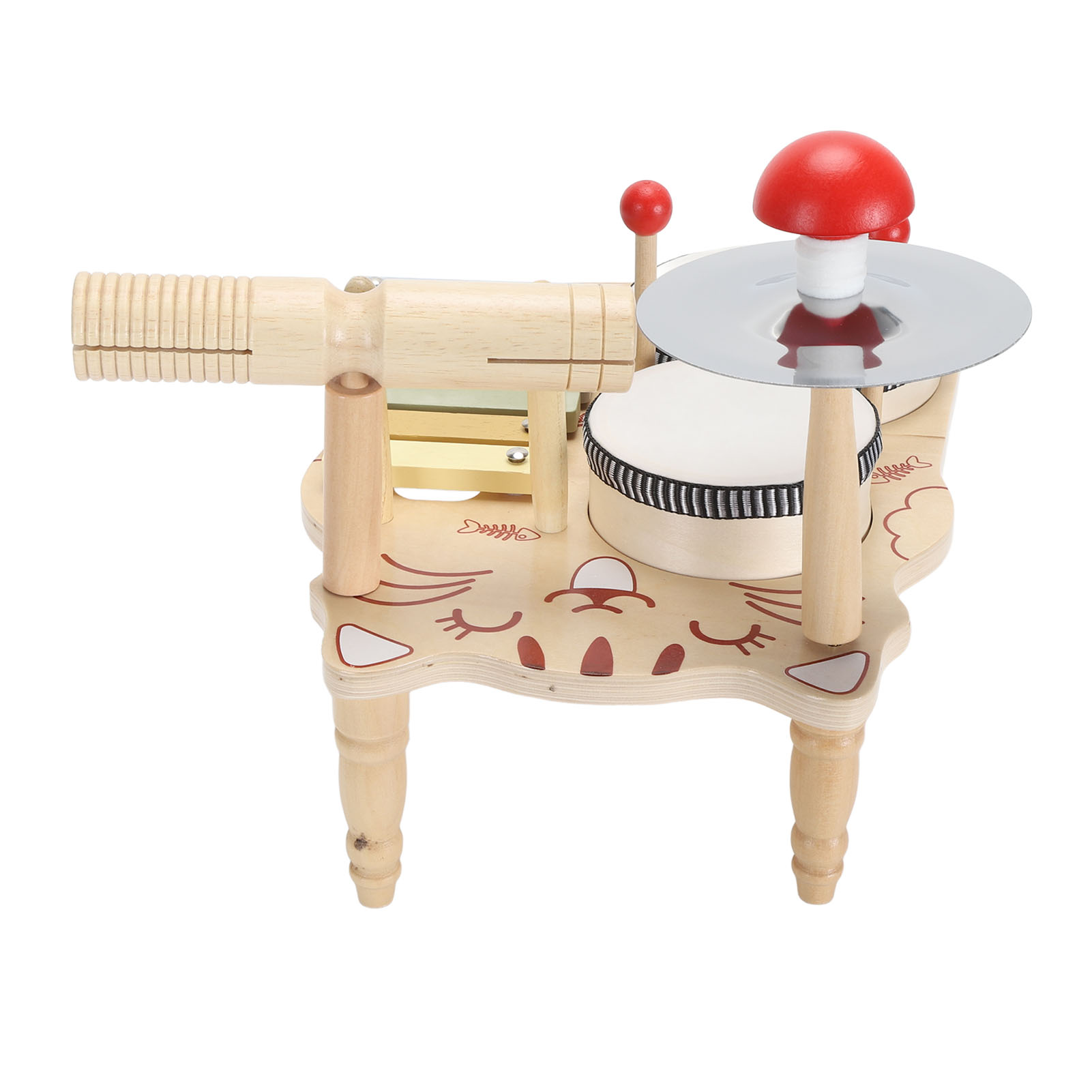 Ein Holzspielzeug-Schlagzeug mit Xylophon, Becken und Trommel, im Katzen-Design gestaltet.