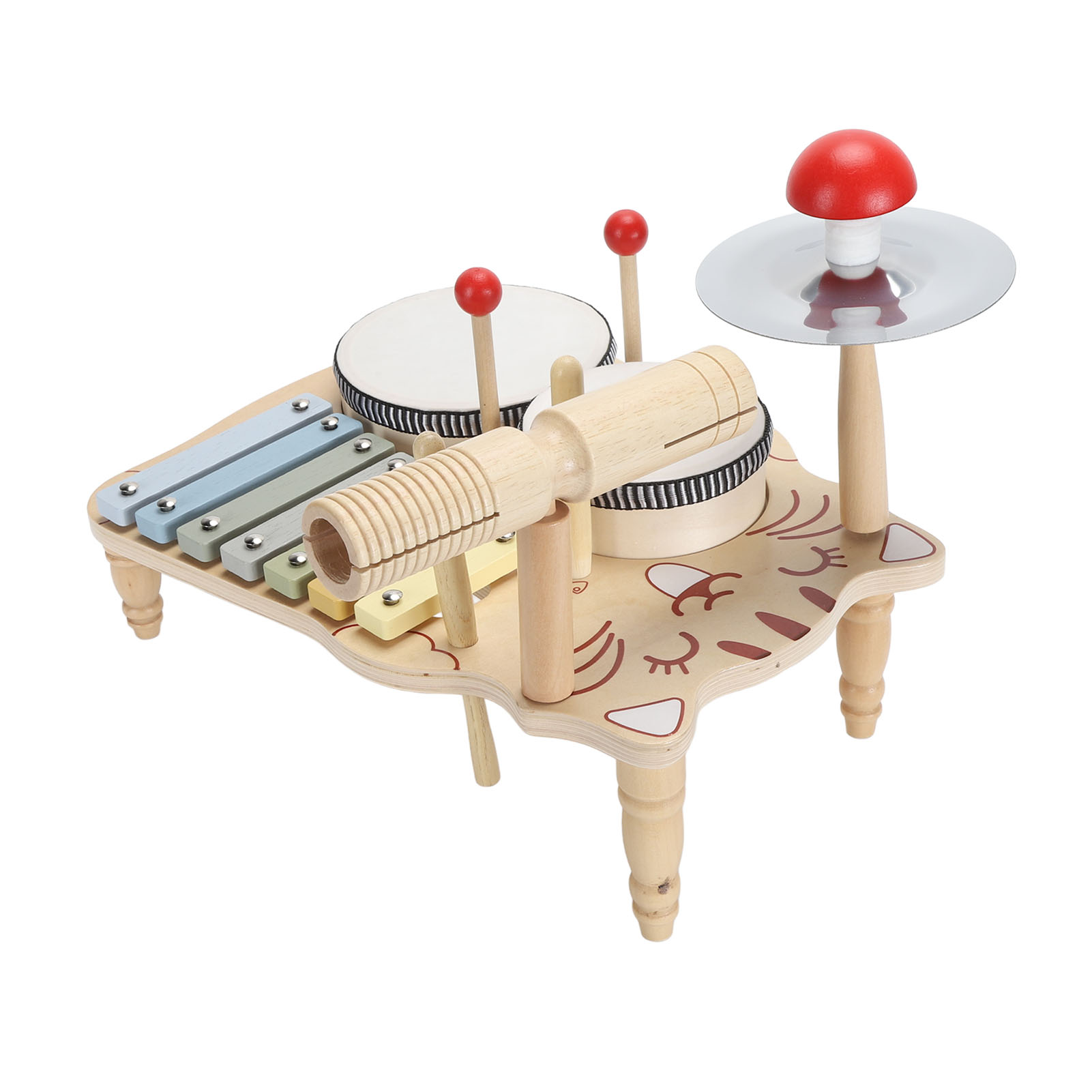 Musikspielzeug-Set aus Holz. Enthält Xylophon, Trommel und Becken.