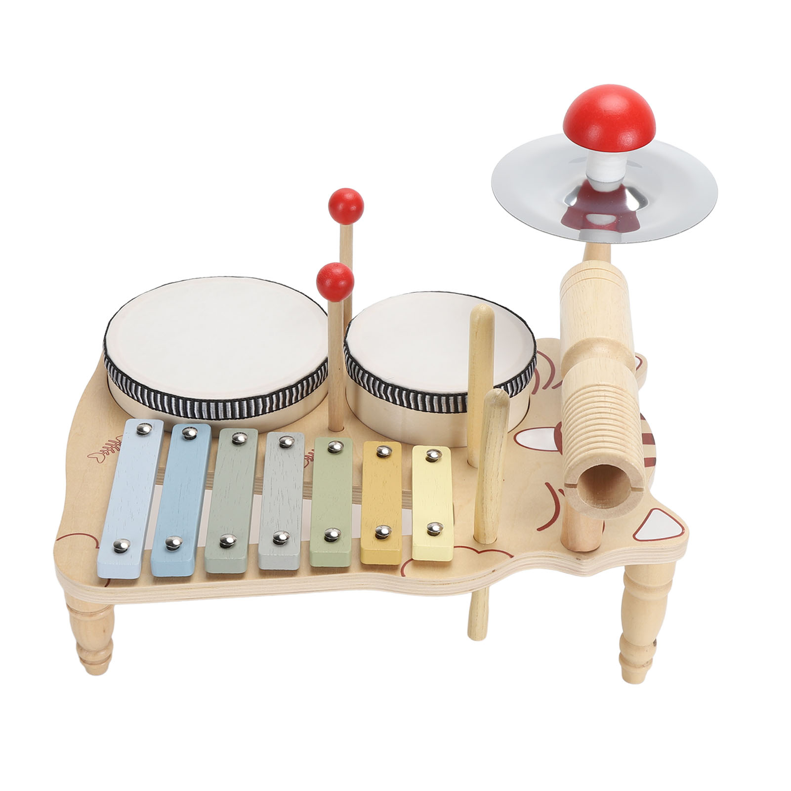 Ein hölzernes Spielzeug-Musikinstrumentenset mit Trommeln, Xylophon und Becken.