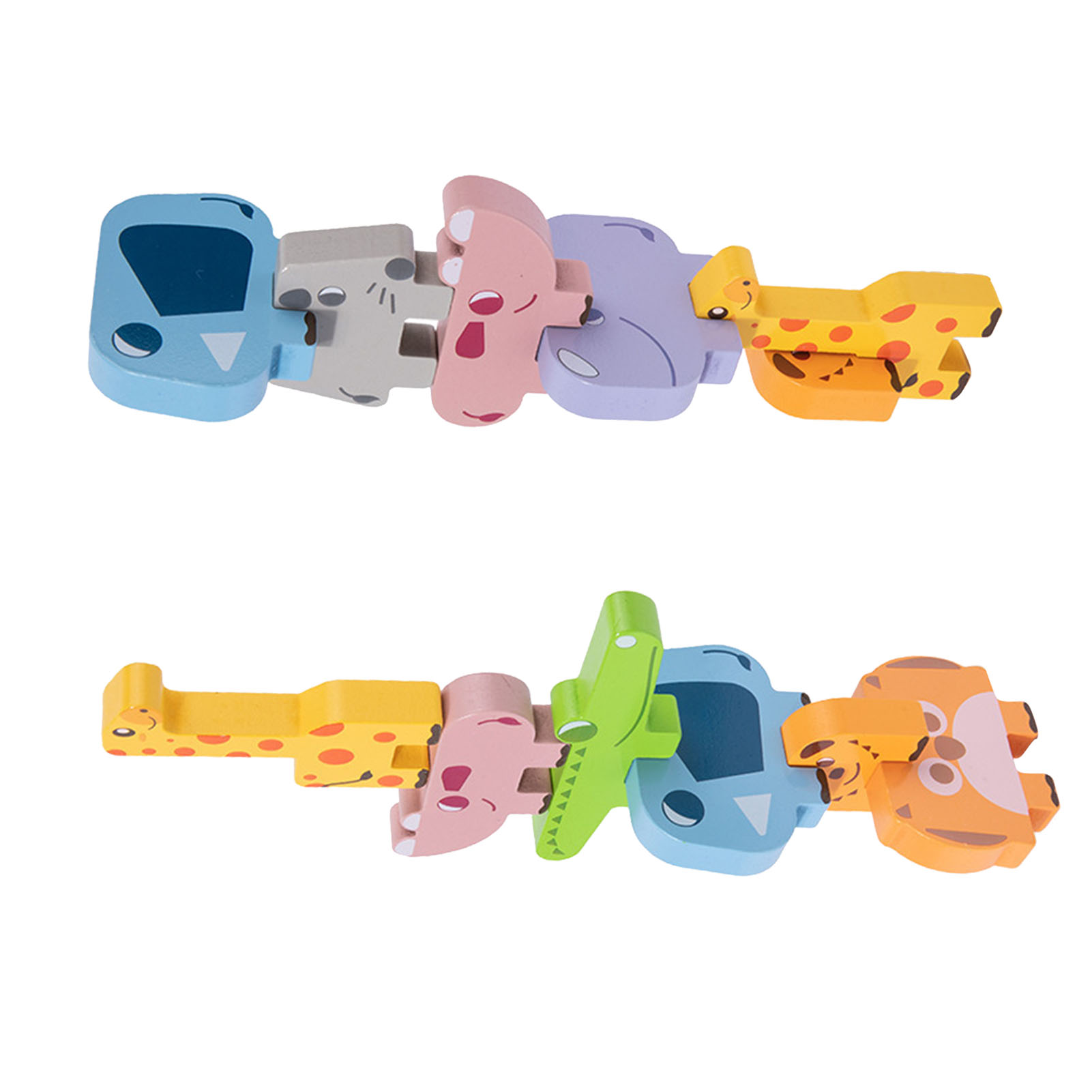 Zwei Reihen hölzerner Tierpuzzles. Das obere hat ein blaues Auto, ein Nilpferd, ein lila Tier und einen gelben Geparden.