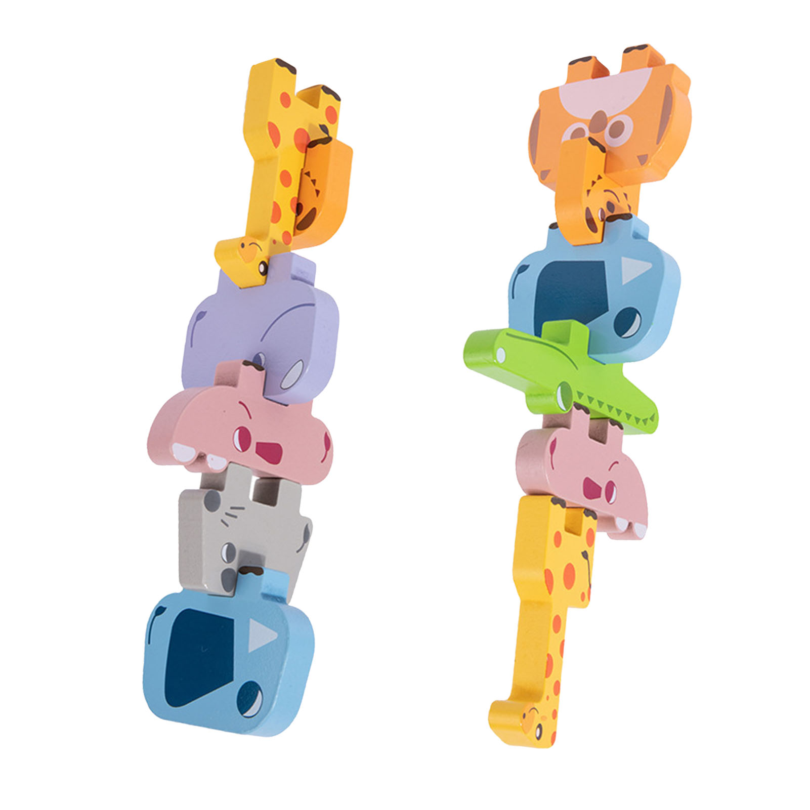 Zwei Stapel Holzfiguren von Tieren: Giraffe, Nilpferd, Krokodil und andere.