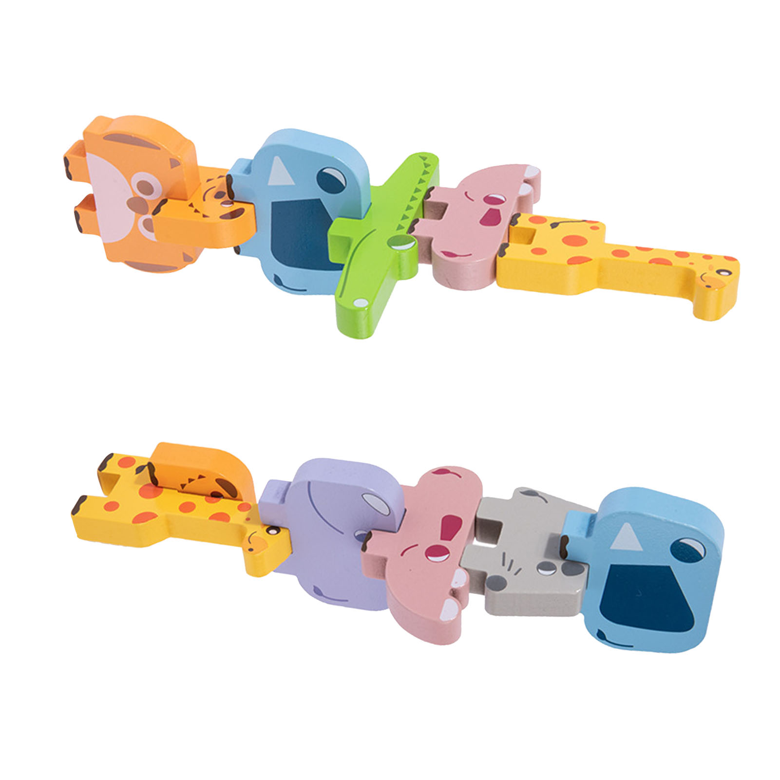 Hölzerne Tier-Puzzle-Spielzeuge, in zwei verschiedenen Mustern angeordnet, die verschiedene Tierfiguren zeigen.